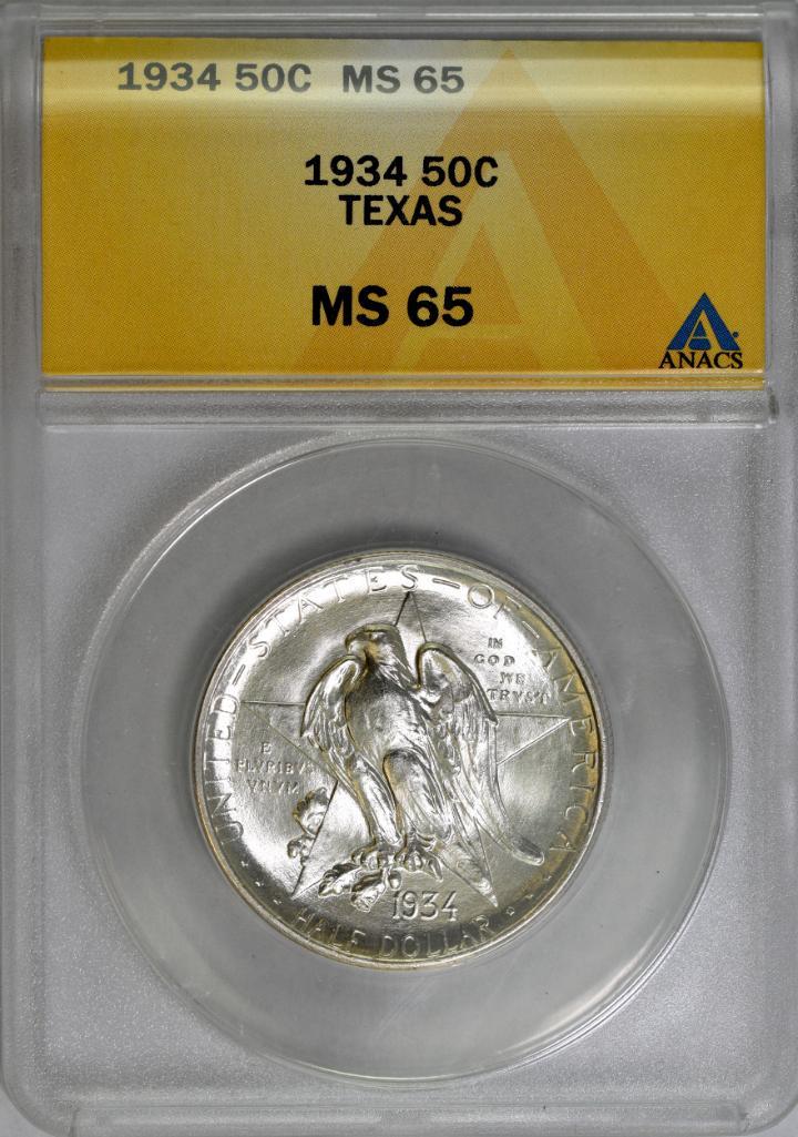 1934 P Texas Commemorative Silver Half Dollar (ANACS): Only 61,463 Minted, Great Eye Appeal.