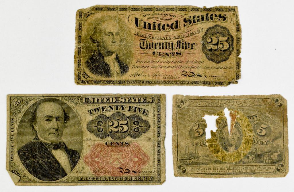 Group of (3) U.S. Fractional Currency Notes.: Includes (2) 25 Cents & 5 Cents.