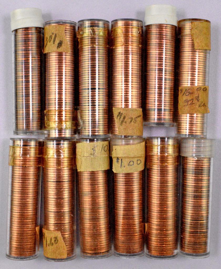 Over (600) BU Lincoln Wheat Cents - (12) Date Rolss.: Includes 1953 D, 1955 P, (2) 1955 S, (6) 1956 P, (2) 19556 D, 1957 P, 1957 D, 1958 P & 1958 d.