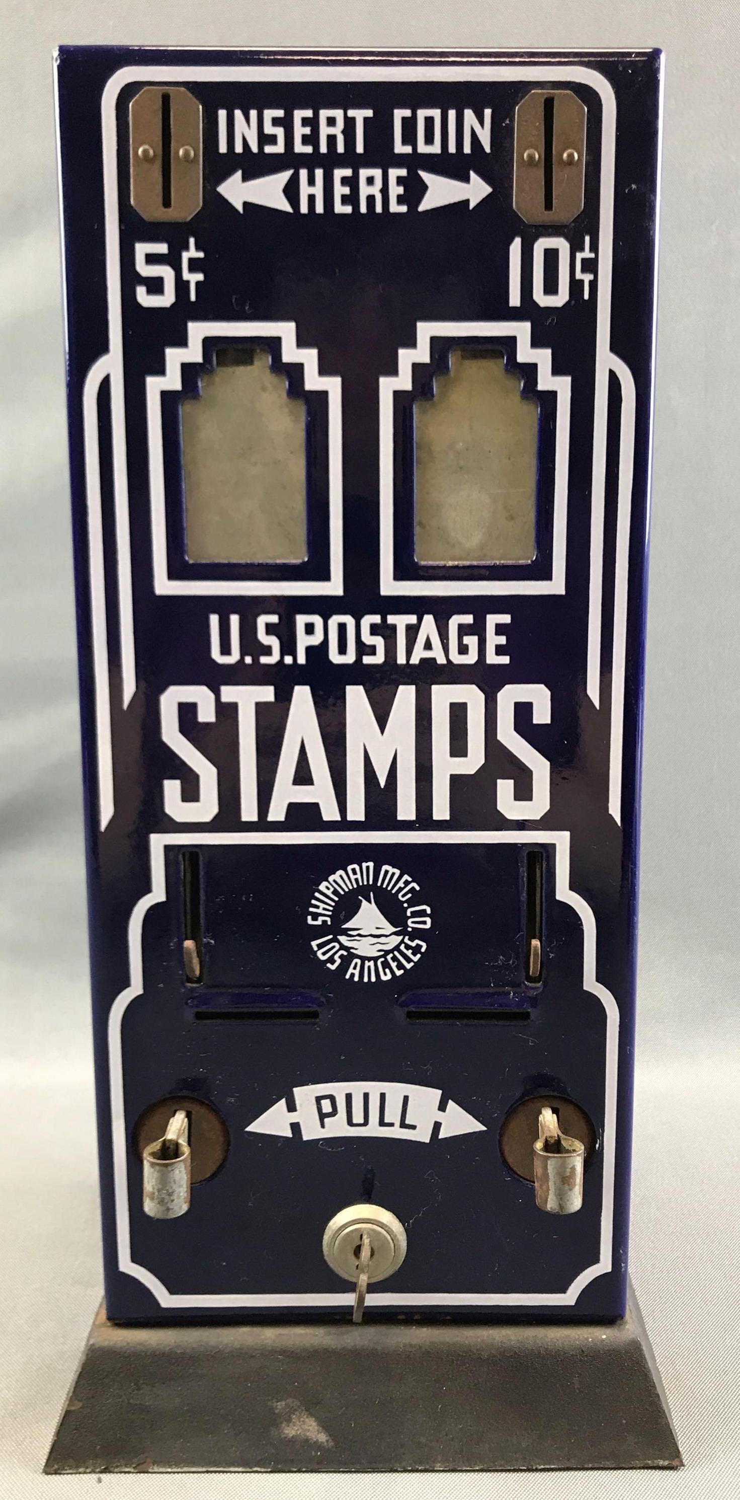 Vintage US Postage Stamp Machine: 6 1/2 x 5 3/4 x 13 3/4 inches; 5 or 10 cent slots - has key