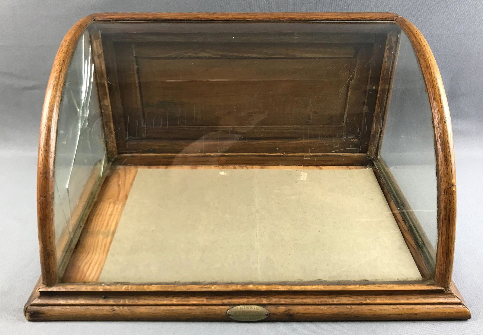 Antique (1890s) Curved Top Oak Countertop Chewing Gum: 18 1/2 x 12 x 9 inches; etched with name on curved glass front with back hinged door - one side of glass is broken