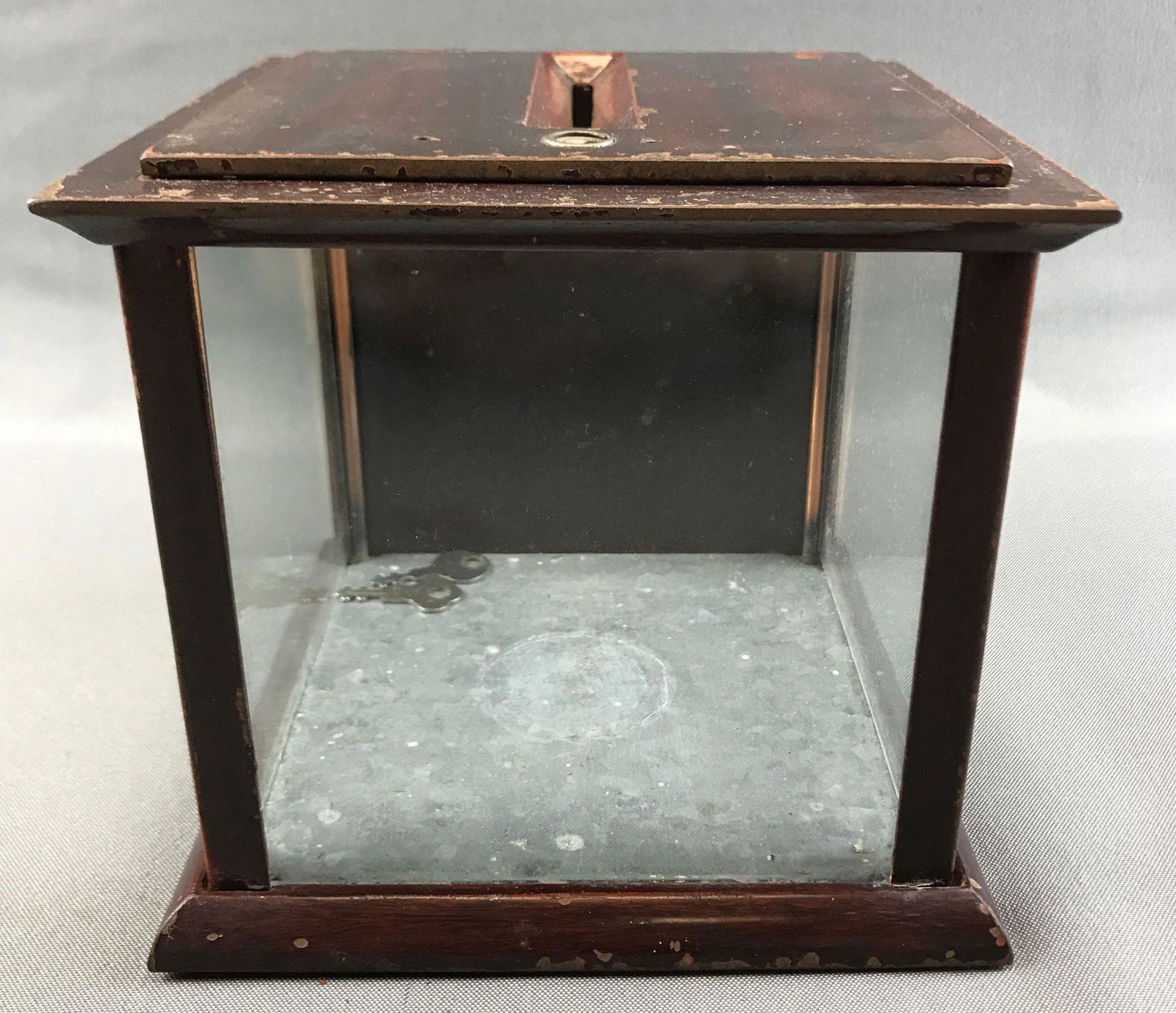 Vintage Slotted Top Receipt/Ballot Box: 6 1/2 x 6 1/2 x 6 inches; metal and glass - includes two keys