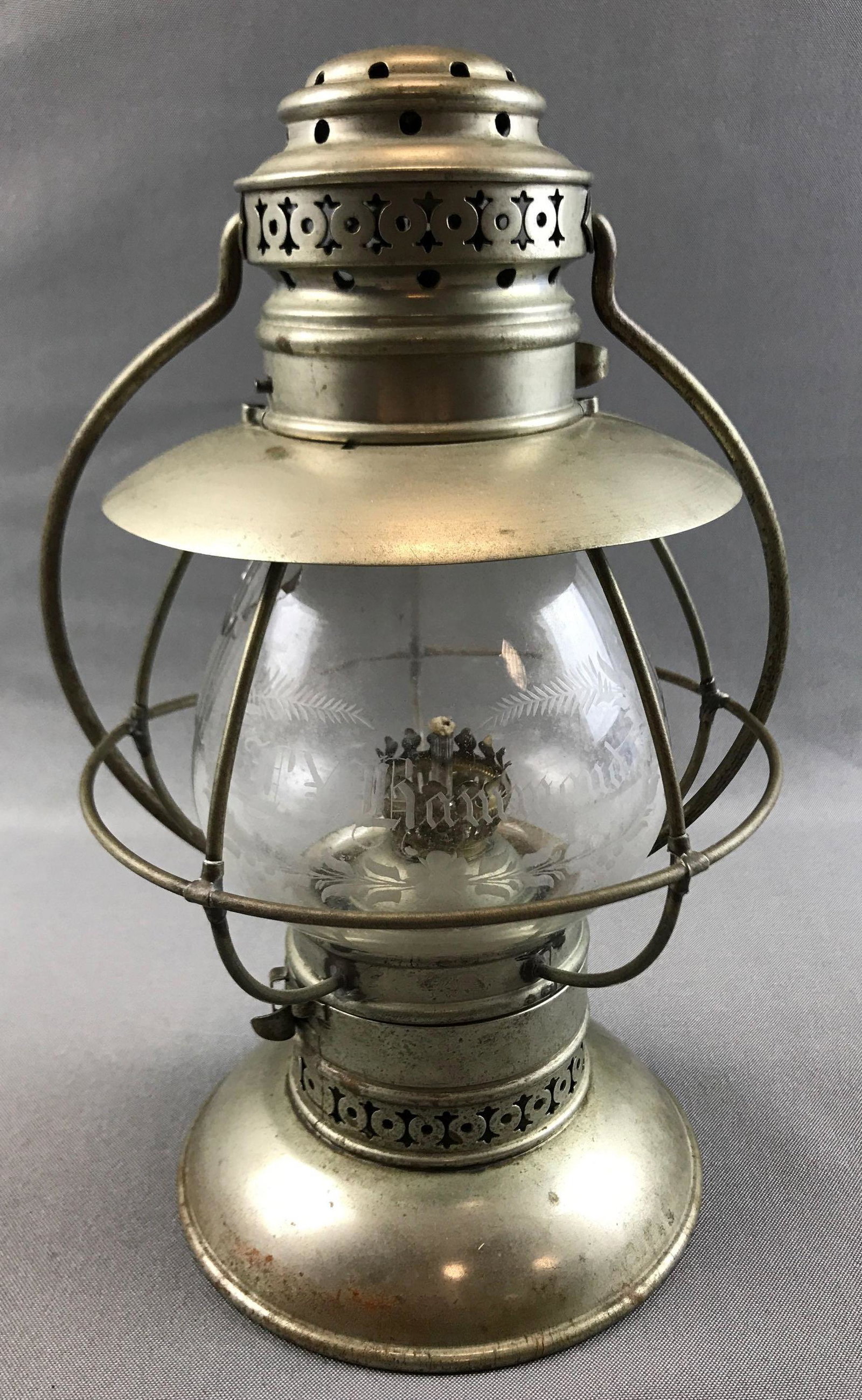 Antique (c. 1859) Presentation Railroad Lantern: 11 inches tall; Kelly Lamp Company - Rochester, NY. Attractive antique railroad presentation piece - circa 1859. There is a crack in the globe.
