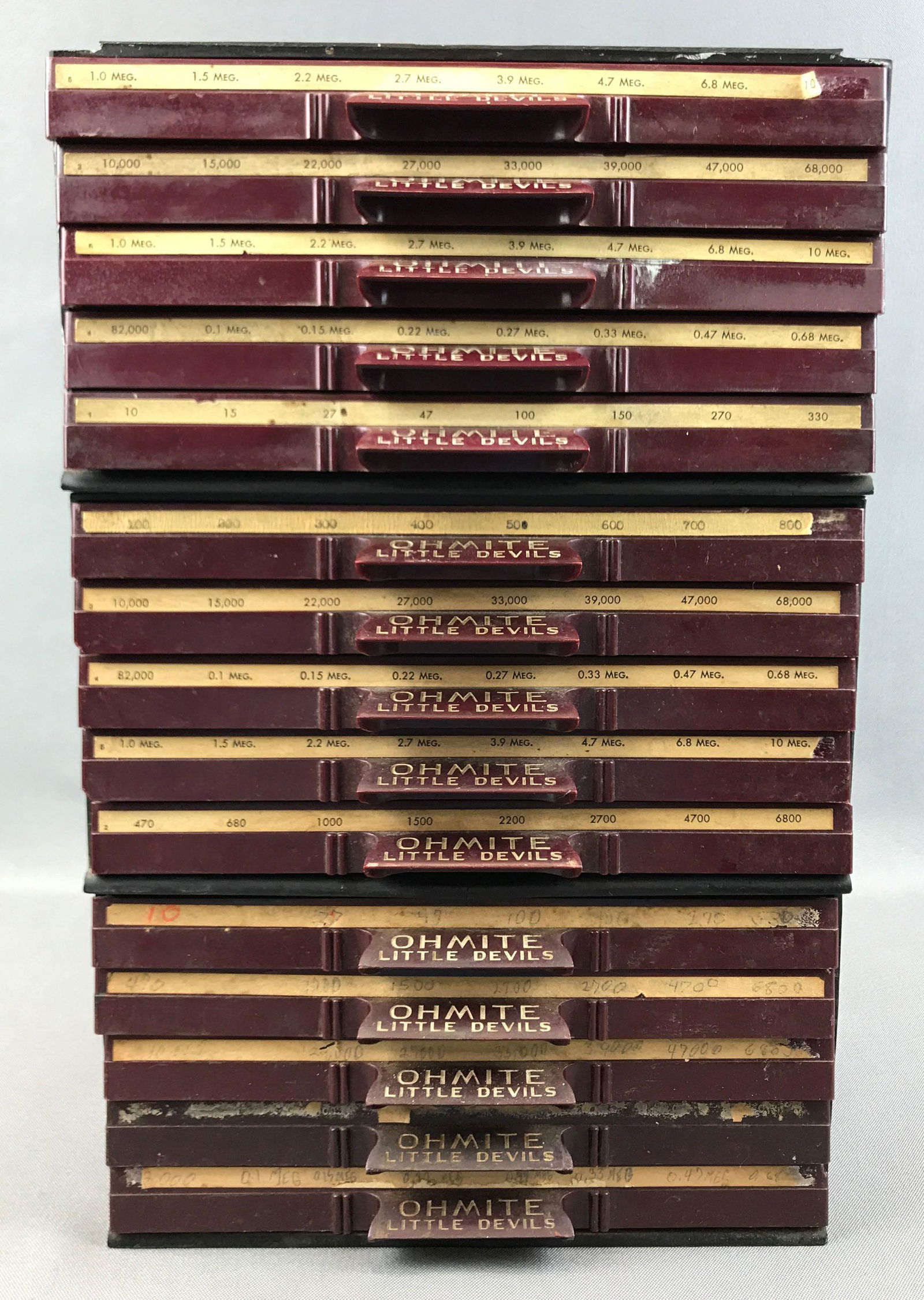 Vintage "Ohmite Little Devils" Storage Cabinet w/: Total height of 14 inches; lot consists of three stacking sets of drawers - some with resistors