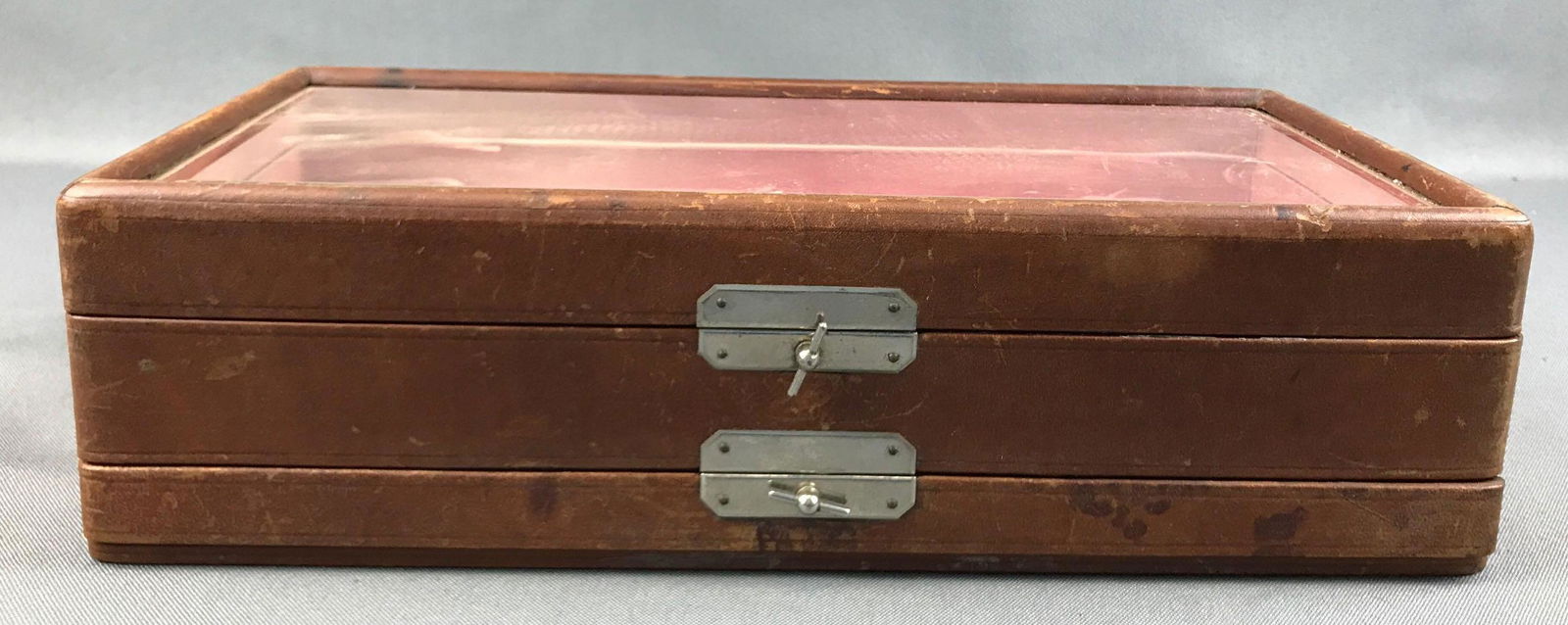 Antique Display Case / Drawer: 12 x 6 x 3 1/4 inches; leather, lined - top opening and drawer is spring loaded