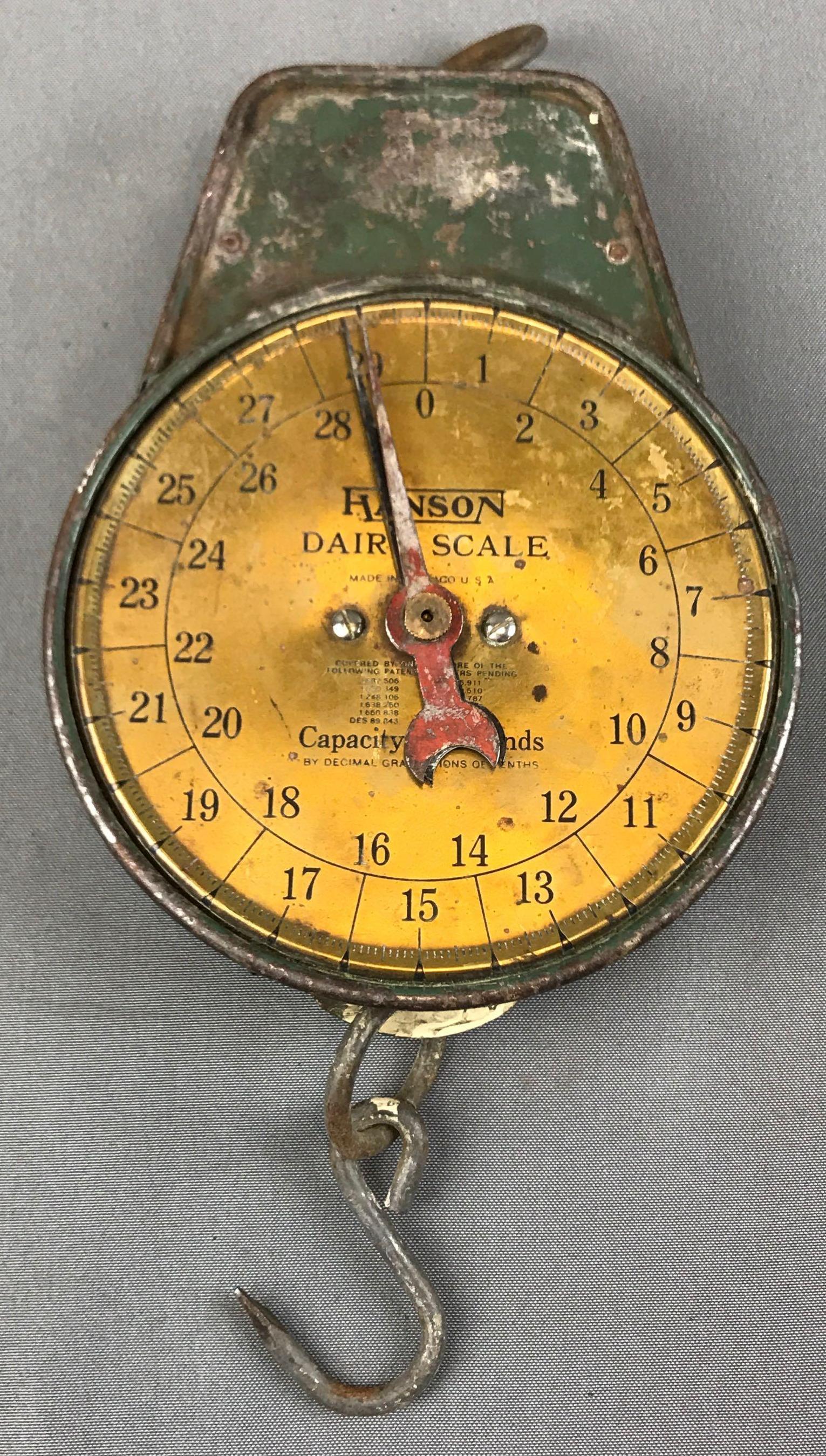 Vintage "Hanson" Dairy Scale: 12 inches long; brass face, 30 lb capacity