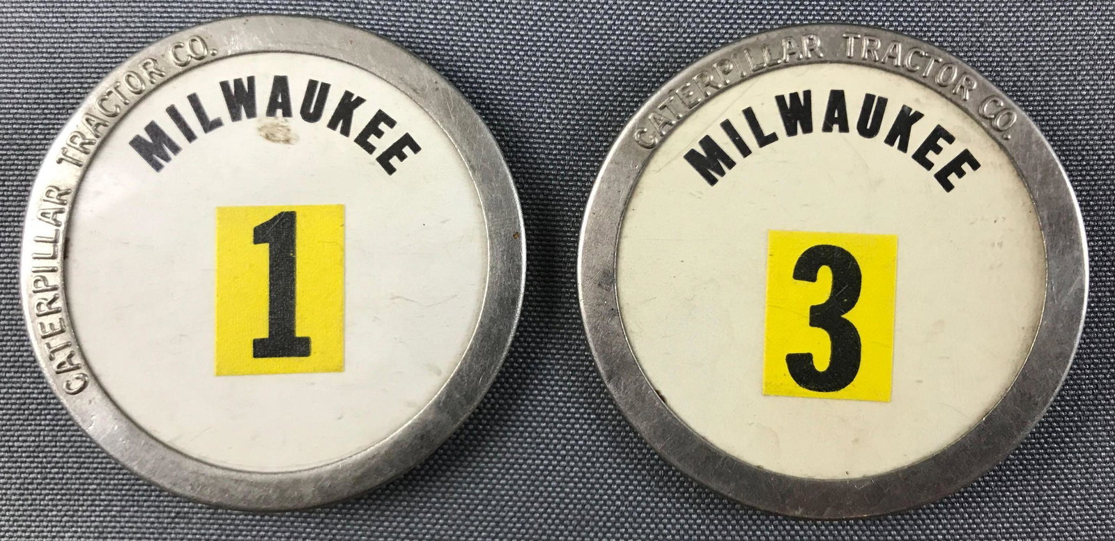 Set of 2 : "Caterpillar Tractor Co." Pinback Numbers: 2 1/4 inch diameter