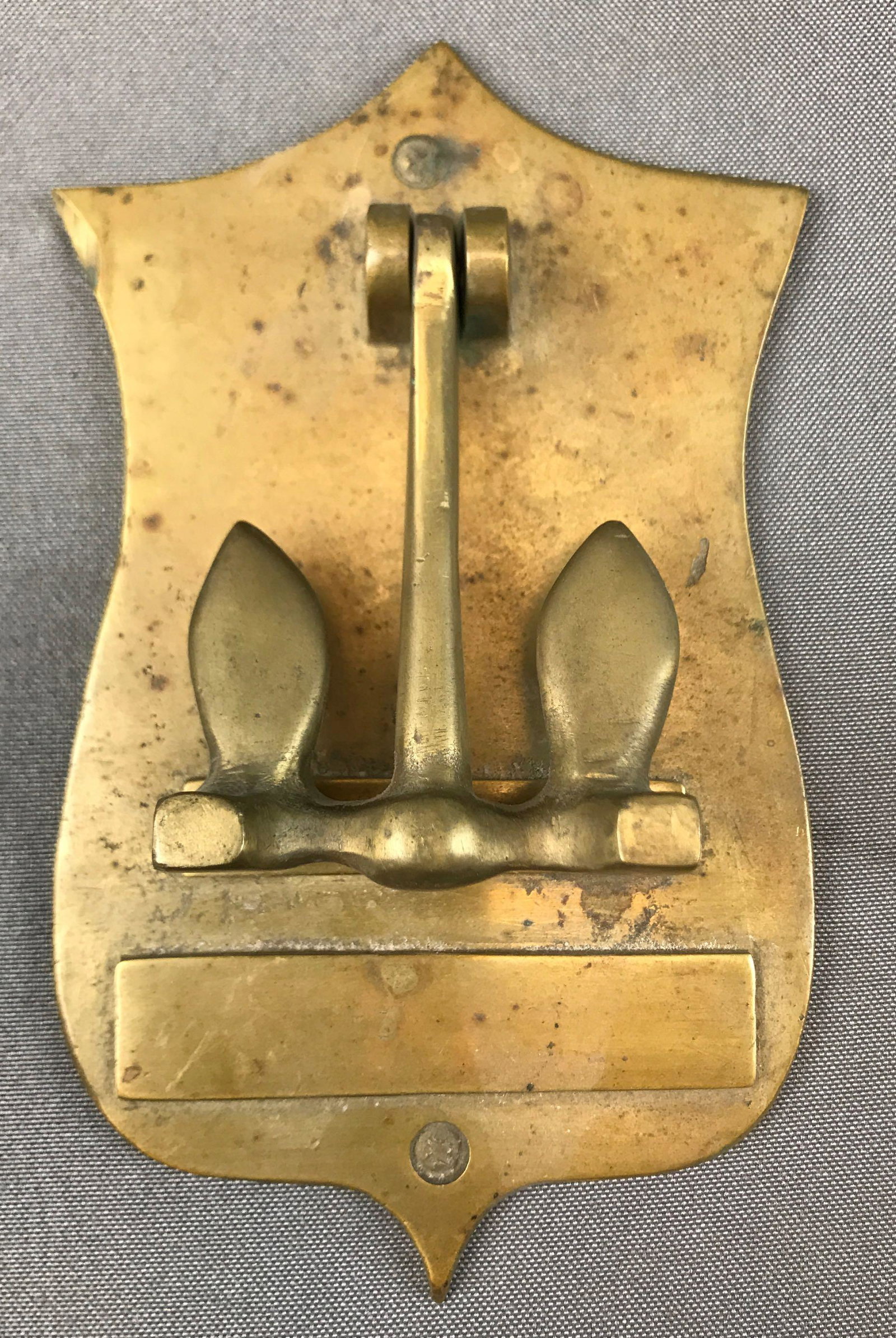 Vintage Brass Boat Anchor Door Knocker: 4 x 6 1/2 inches; knocker is not attached to the plate