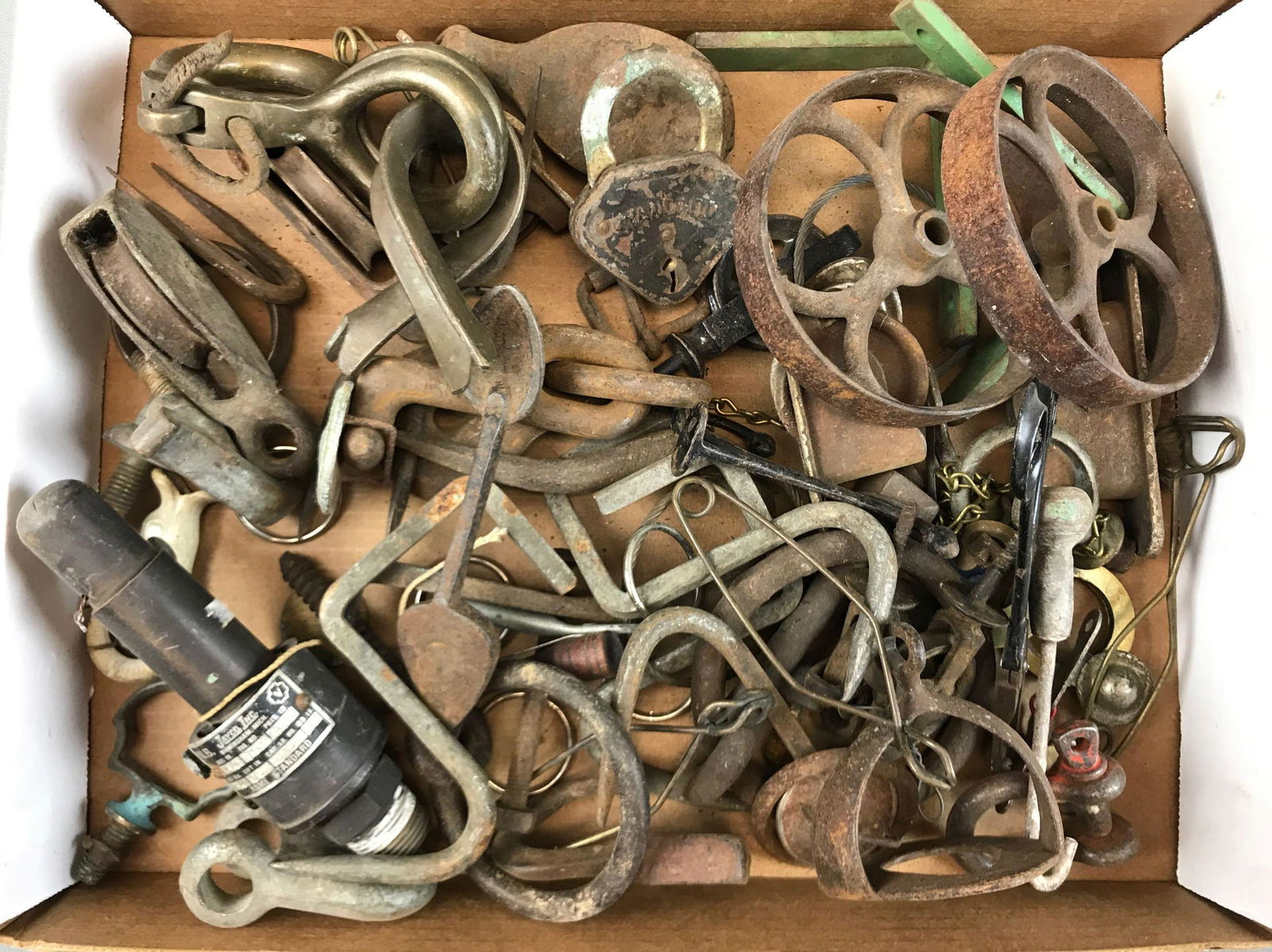 Group of Antique and Vintage Hardware: Hooks, pulleys, locks and more