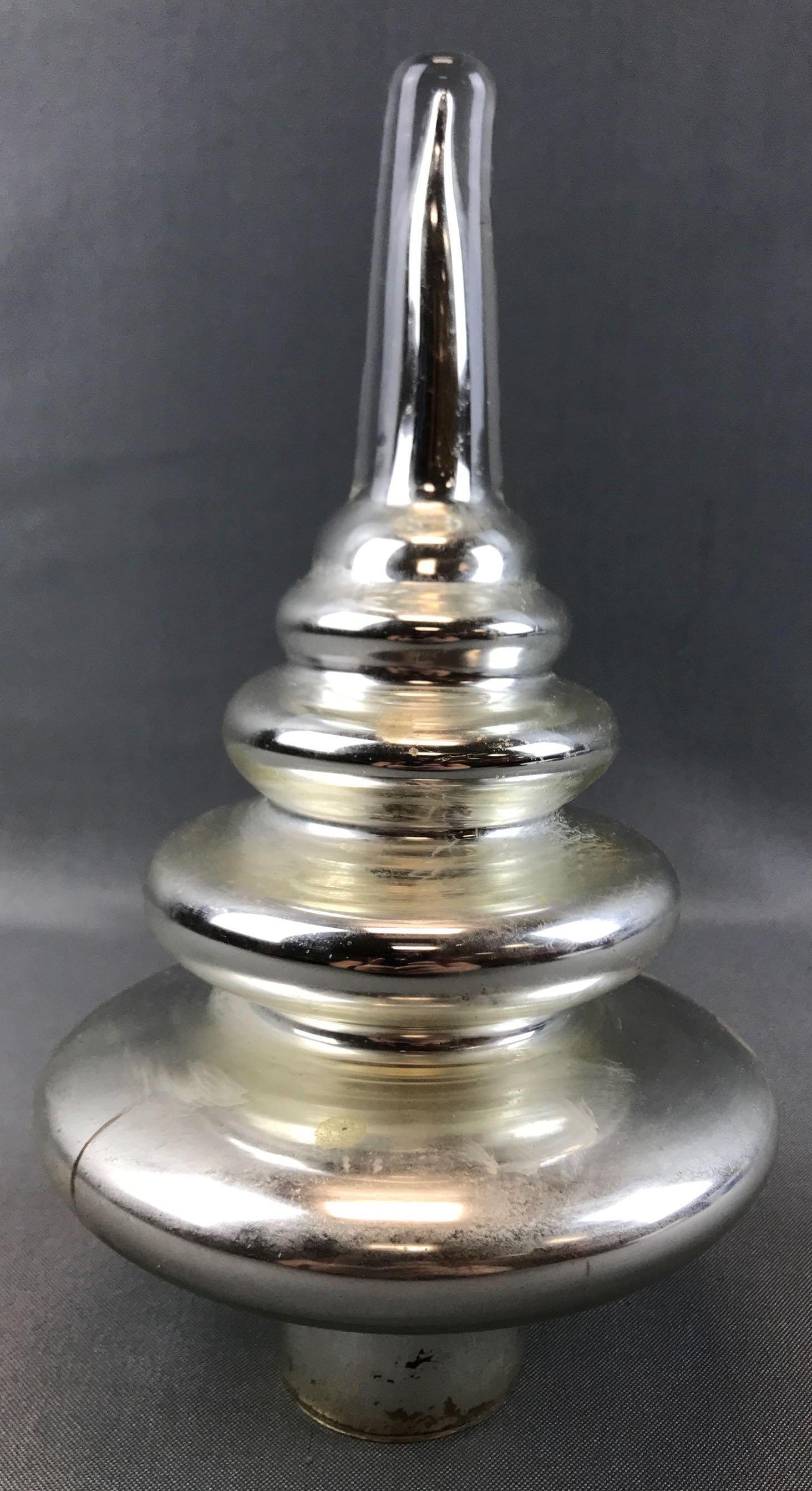 Vintage Mercury Glass Tree Topper: 9 1/2 inches tall; silver inside clear glass, some wear and a crack