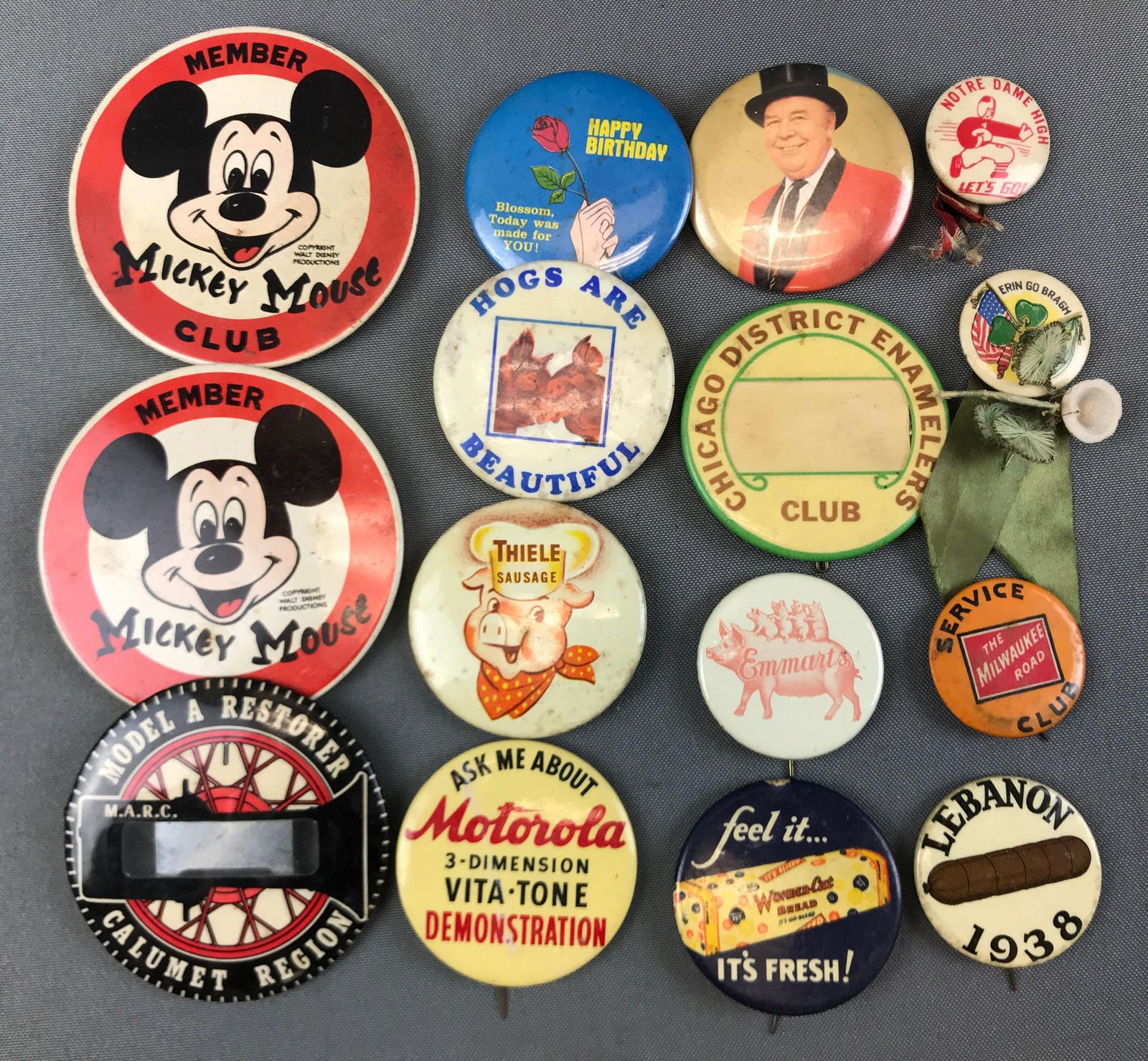 Group of Vintage Pinback Buttons - Mickey Mouse Club,: Mickey Mouse Club, old advertising, Milwaukee Road, Notre Dame HS and others