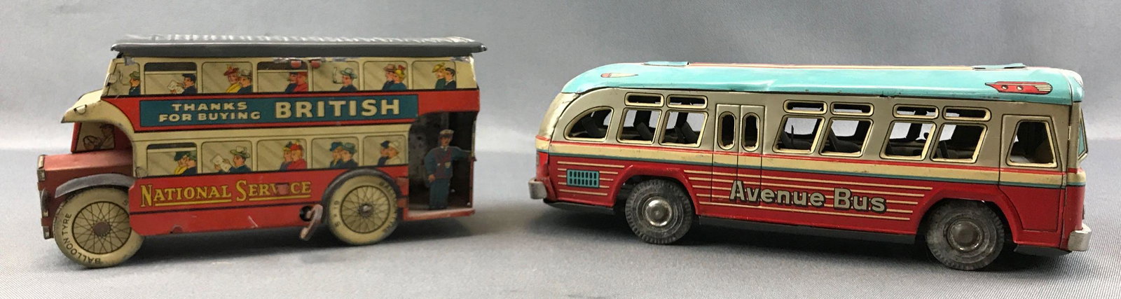 Lot of 2 : Vintage Tin Toy Vehicles - "Avenue Bus" and: Avenue Bus is a friction toy; National Service Bus is wind-up. Larger bus measures 9 inches