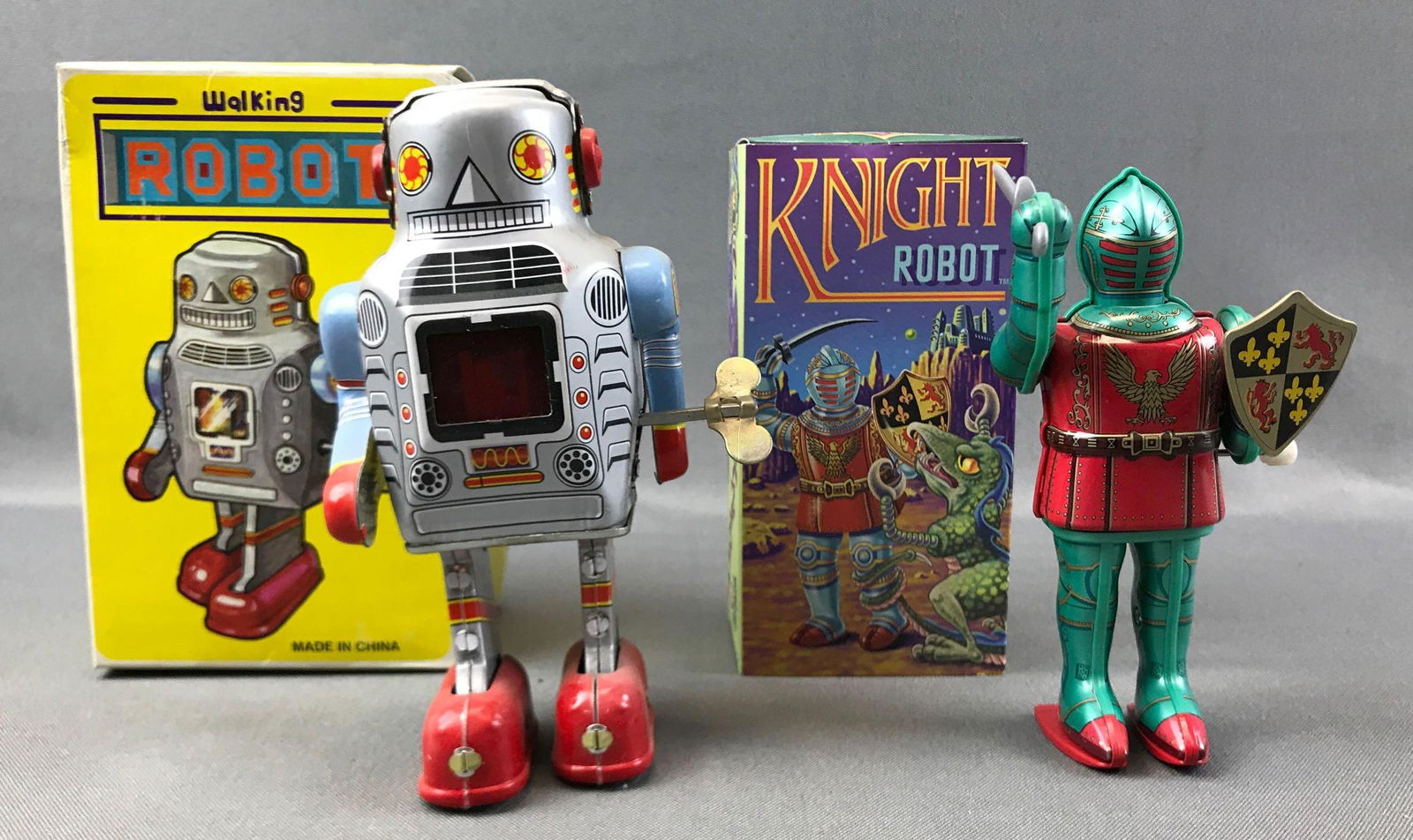 Lot of 2 : Robot Wind-Up Toys: Modern - circa 1990s. Walking robot is 6 inches tall