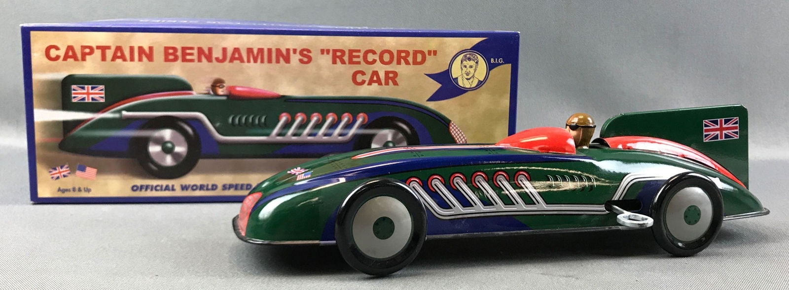 Schylling Collector Series - Captain Benjamin's "Record: Wind up tin toy, modern. With original box. Box measures 11 1/2 x 4 1/4 inches