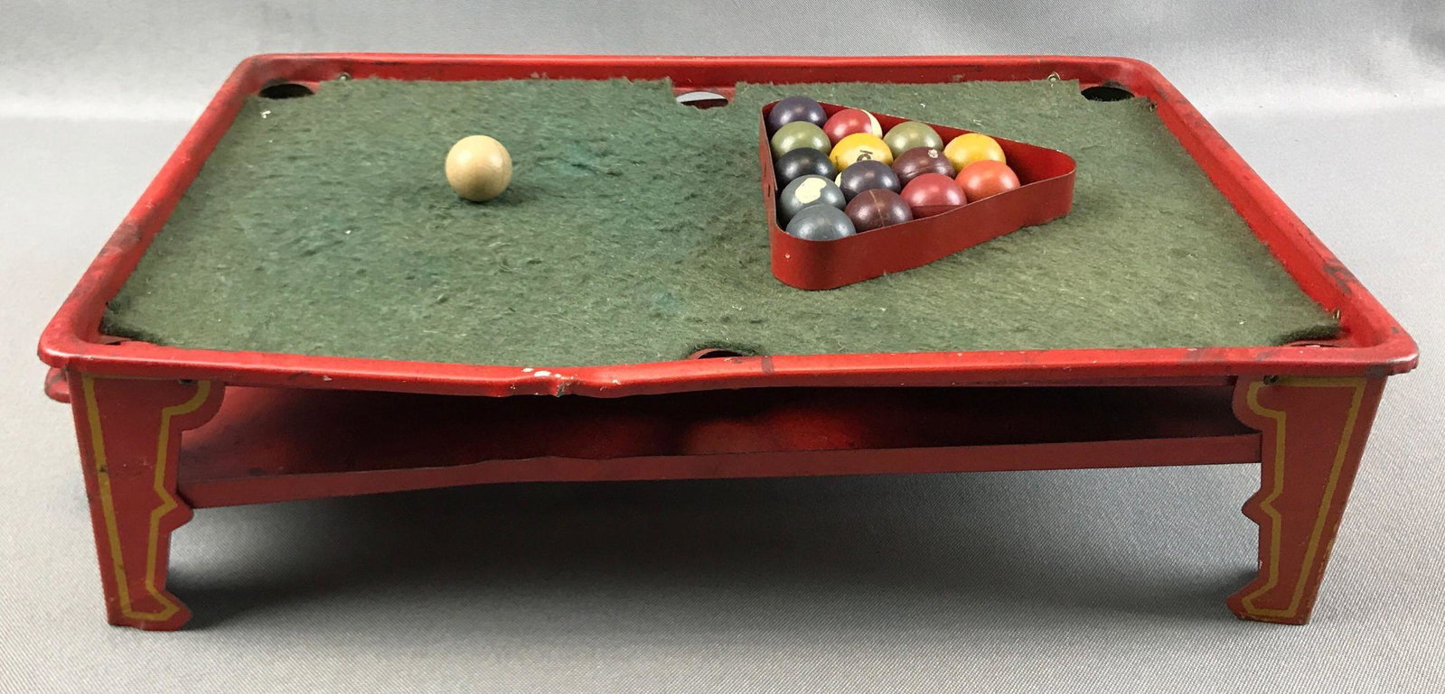 Vintage Tin Toy Pool Table: 13 1/2 x 8 1/4 inches; used condition - tray on bottom is bent