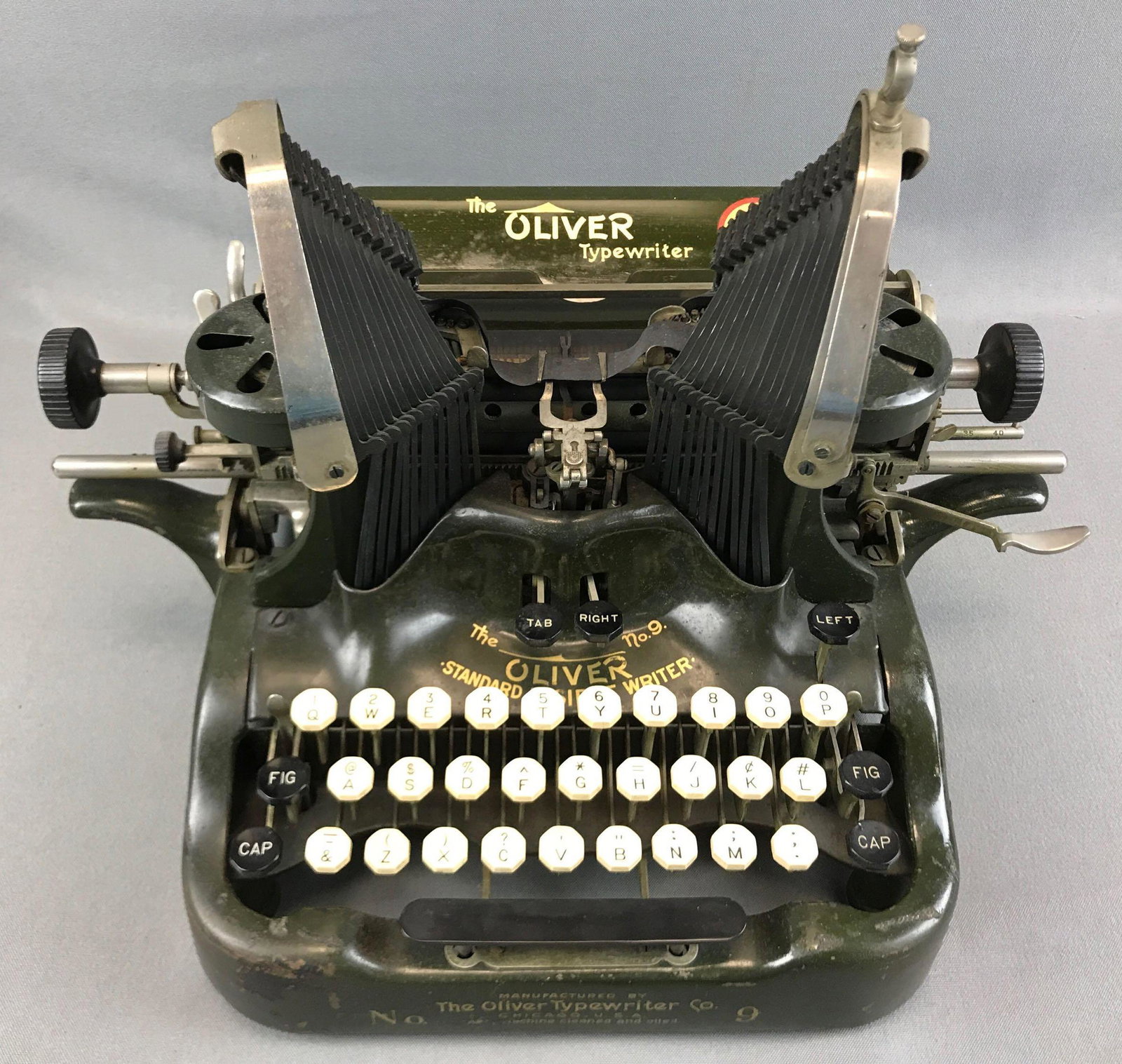 Antique Oliver Typewriter: No 9, Standard Visible Writer. 16 inches wide. Most keys and parts are functional. Note - right and left keys do not seem to do anything