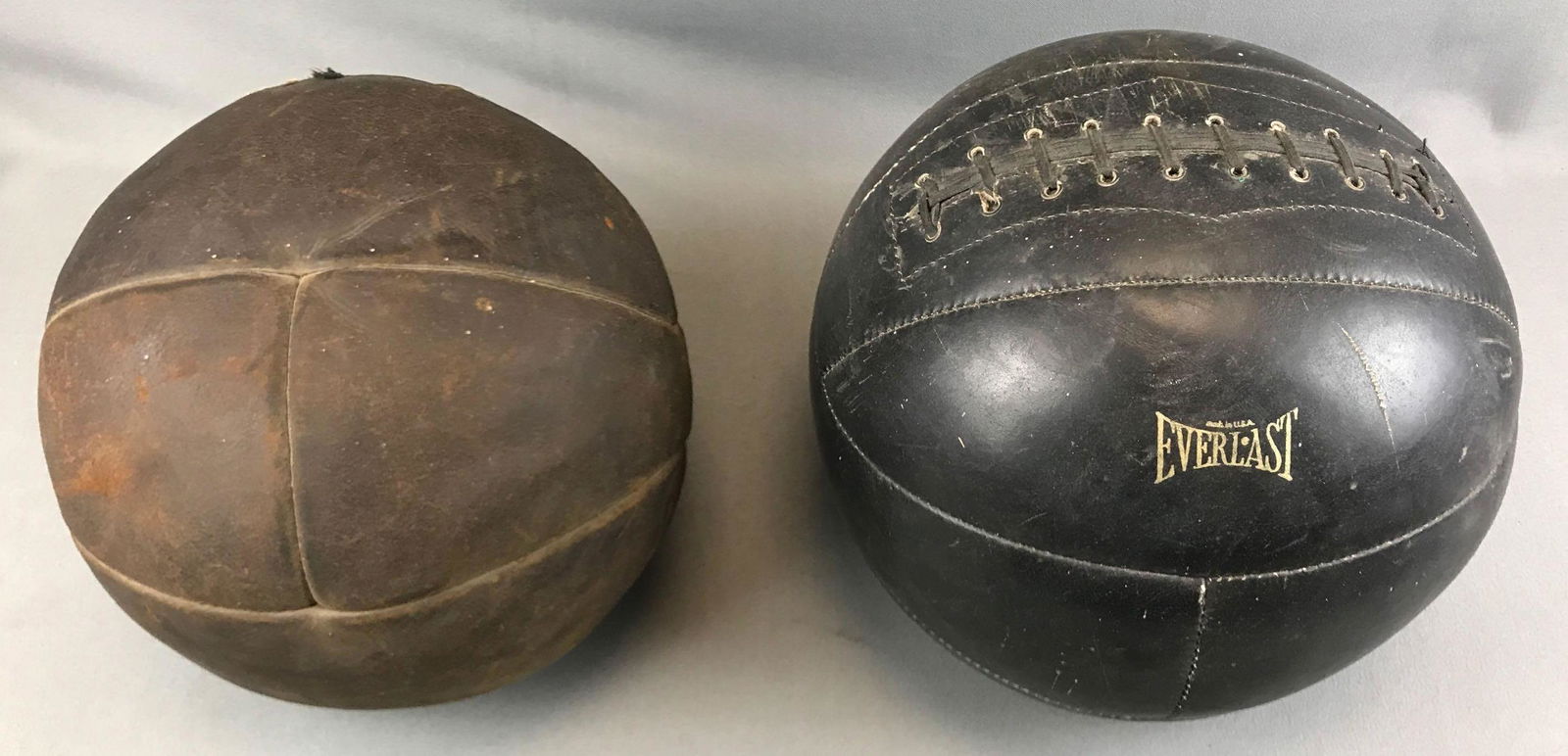 Lot of 2 : Vintage Leather Exercise Medicine Balls: The slightly larger "Everlast"medicine ball as a 12 inch diameter
