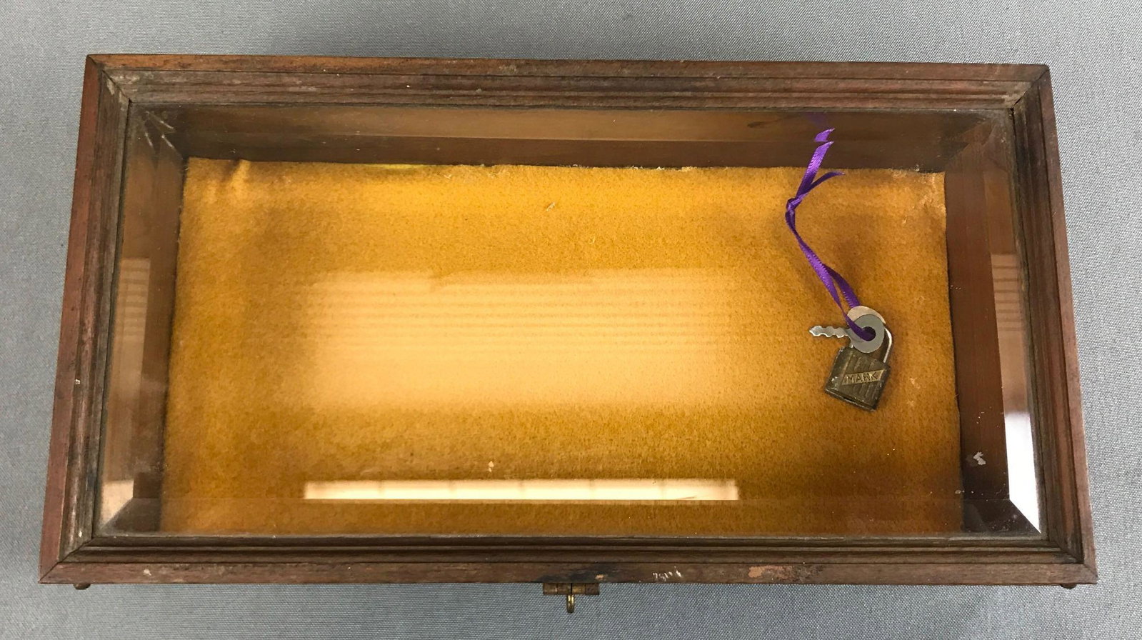 Small Antique Showcase: 12 1/4 x 6 1/2 x 3 inches; wood with glass lid - includes lock and keys.