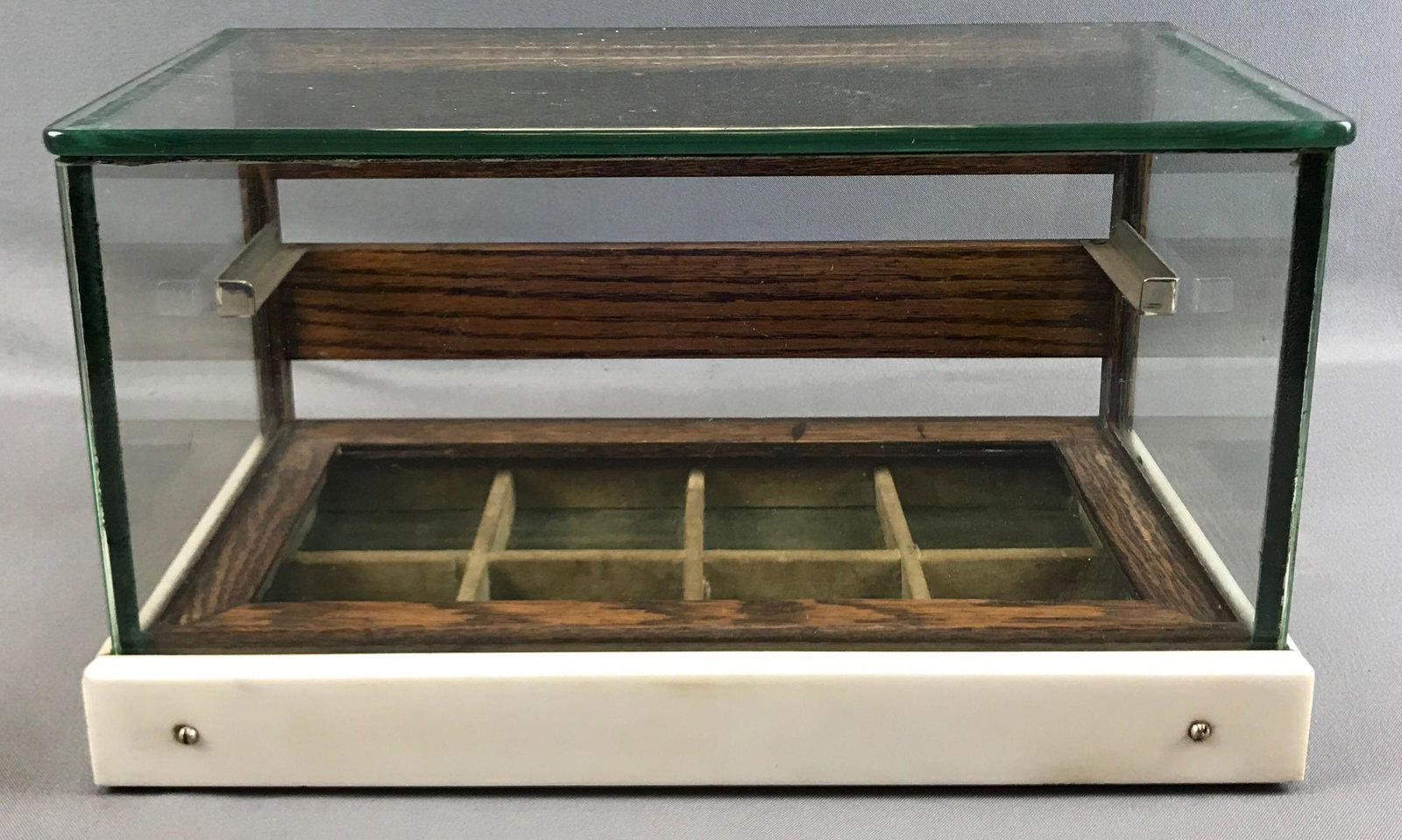 Antique Wood and Glass Countertop Display Case: 14 1/2 x 8 x 8 inches; missing drawers/shelves