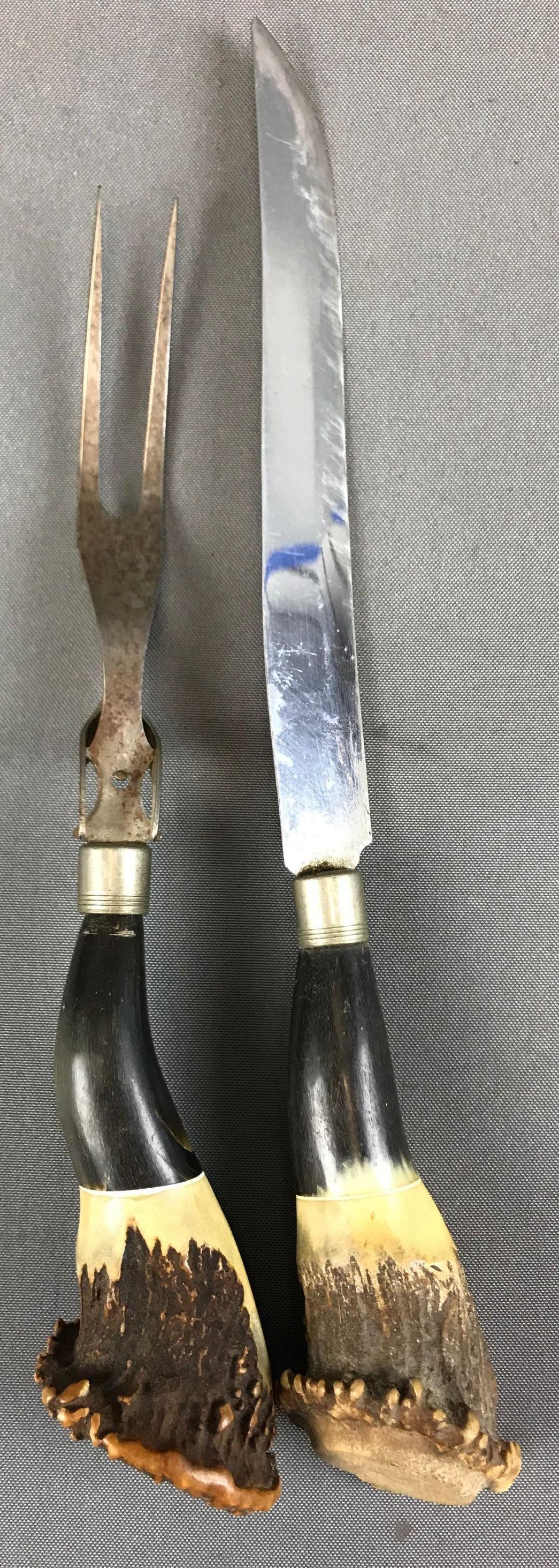 Vintage Antler Handle Carving Set - Knife and Carving: Knife is 13 1/2 inches long