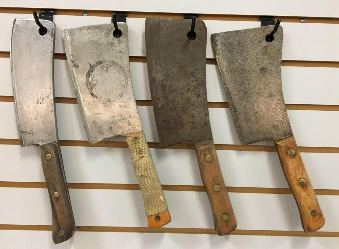 Group of 4 Antique Butcher Knives /Meat Cleavers: Includes Lexington, Foster Bros., Village Blacksmith and more, largest is 15 1/2 inches long 9 inch blade smallest is 14 1/2 inches long 8 inch blade