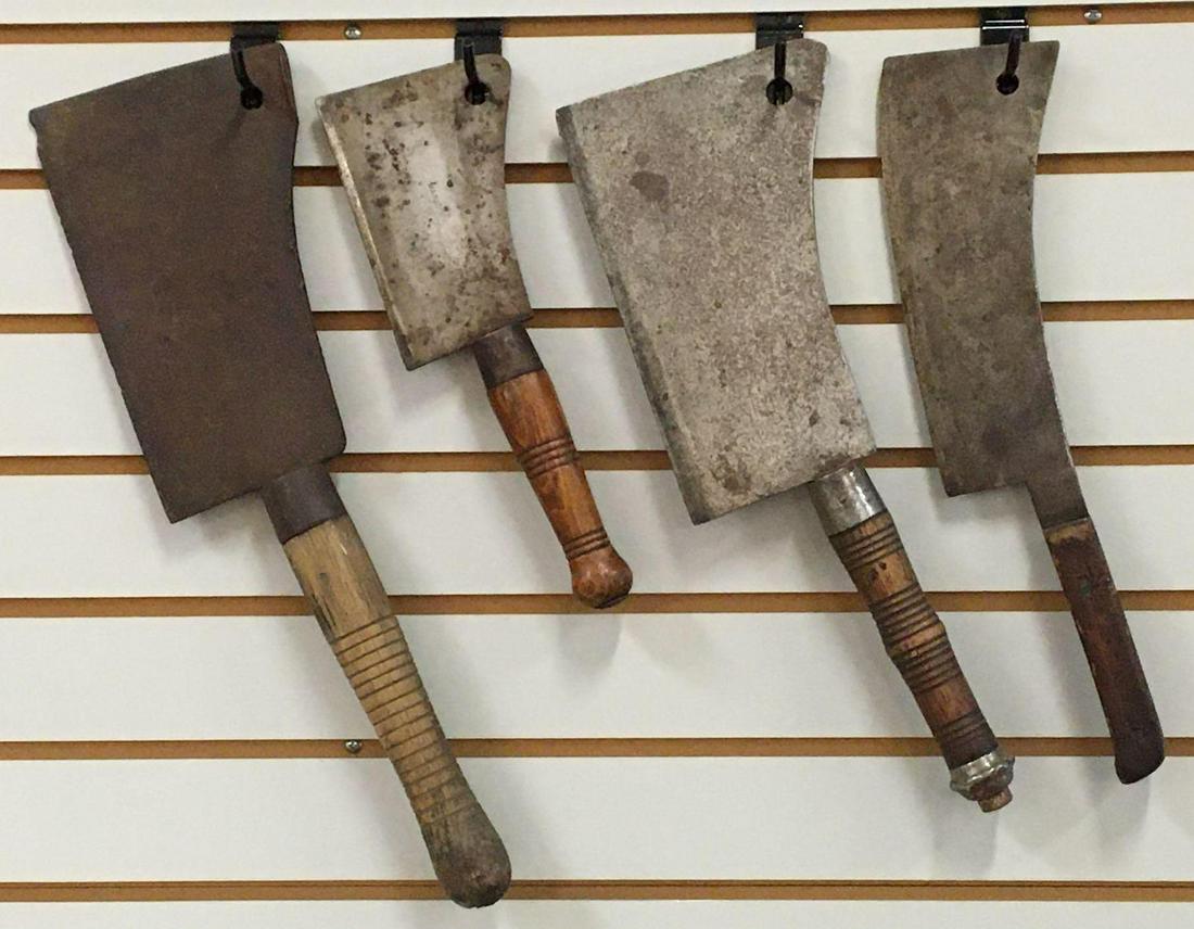 Group of 4 Antique Butcher Knives /Meat Cleavers: Includes Maricopa, Henry and more, largest is 19 inches long 9 1/4 inch blade smallest is 12 inches long 6 inch blade