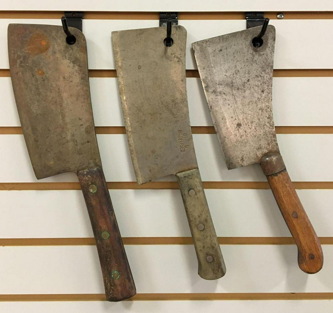 Group of 3 Antique Butcher Knives /Meat Cleavers: Largest is 15 inches long 8 inch blade, 13 1/2 inches long 8 inch blade and 13 inches long 7 inch blade