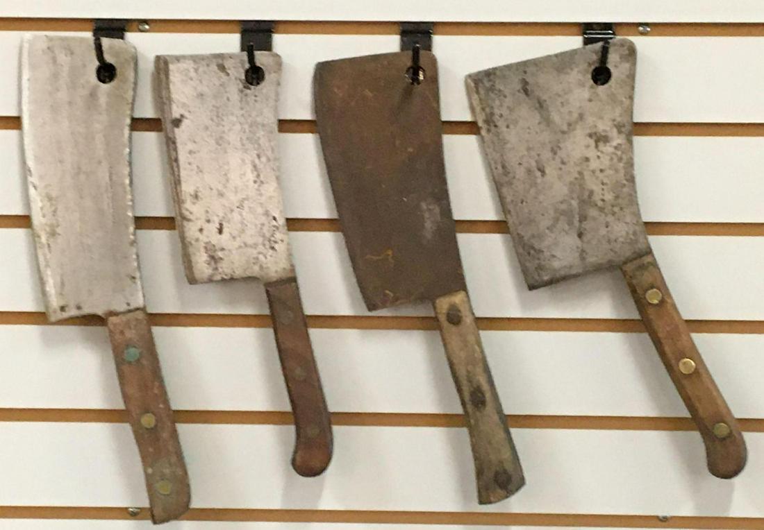 Group of 4 Antique Butcher Knives /Meat Cleavers: Includes Foster 67, Columbia, Village Blacksmith and more, largest is 15 1/2 inches long 9 inch blade smallest is 13 1/2 inches long 7 inch blade