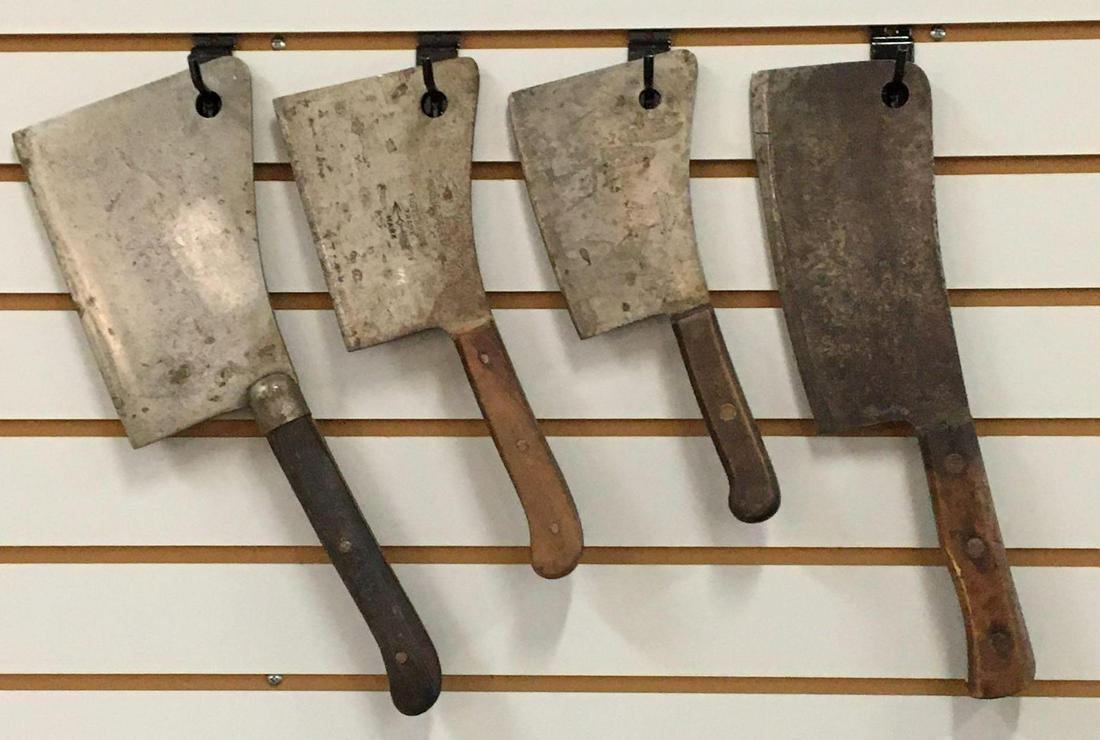 Group of 4 Antique Butcher Knives /Meat Cleavers: Includes Foster Bros., Villige Blacksmith, and more, largest is 16 1/2 inches long 8 inch blade smallest is 11 inches long 6 inch blade