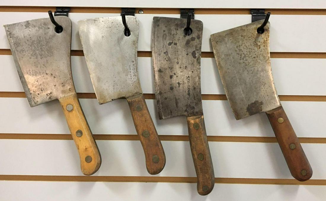 Group of 4 Antique Butcher Knives /Meat Cleavers: Includes Briddell, Village Blacksmith, Sta-sharp and more, largest is 12 1/2 inches long 7 inch blade smallest is 11 1/2 inches long 6 inch blade