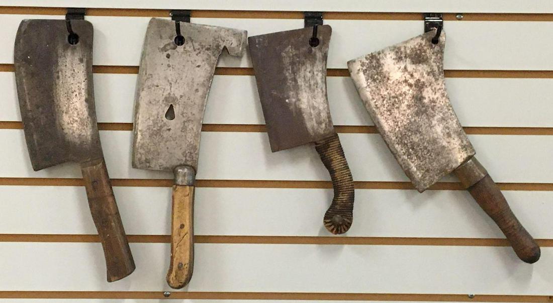 Group of 4 Antique Butcher Knives /Meat Cleavers: Includes Fulton Brand 1180, 1 has pat. 1895, and more, largest is 14 1/2 inches long 8 inch blade smallest is 11 1/2 inches long 6 1/2 inch blade