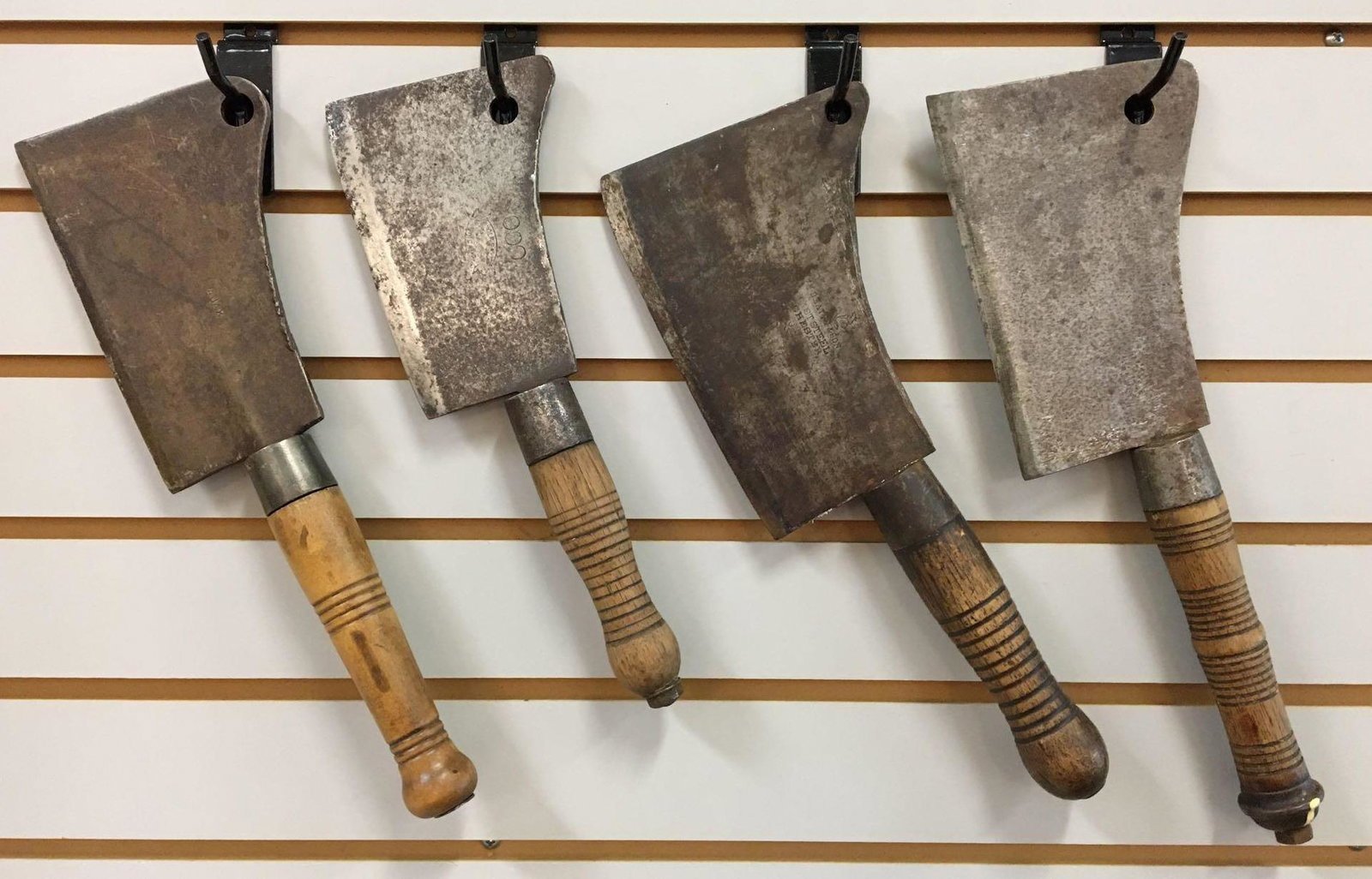 Group of 4 Antique Butcher Knives /Meat Cleavers: Includes Wolf Sayer, Wm. Beatty and sons and more, largest is 15 inches long 7 inch blade smallest is 12 inches long 6 inch blade