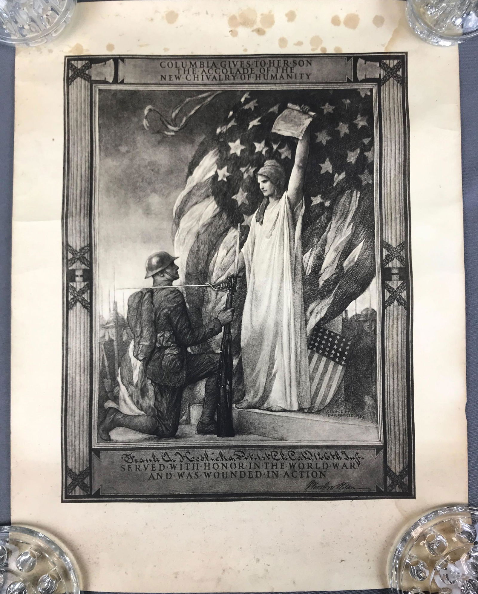 Antique Poster Engraving : "Columbia Gives to Her Son: 16 x 21 inches; World War I Honor Award, dated 1919