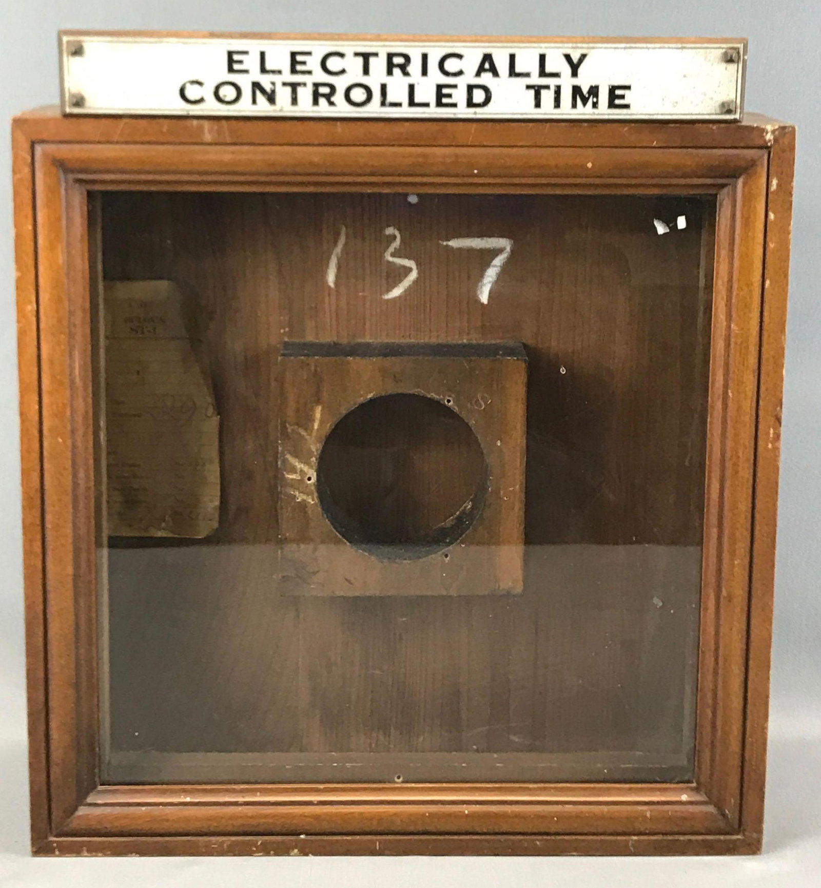 Vintage "Bulova" Clock Housing w/ Glass Door: 16 x 16 x 4 1/4 inches; case only