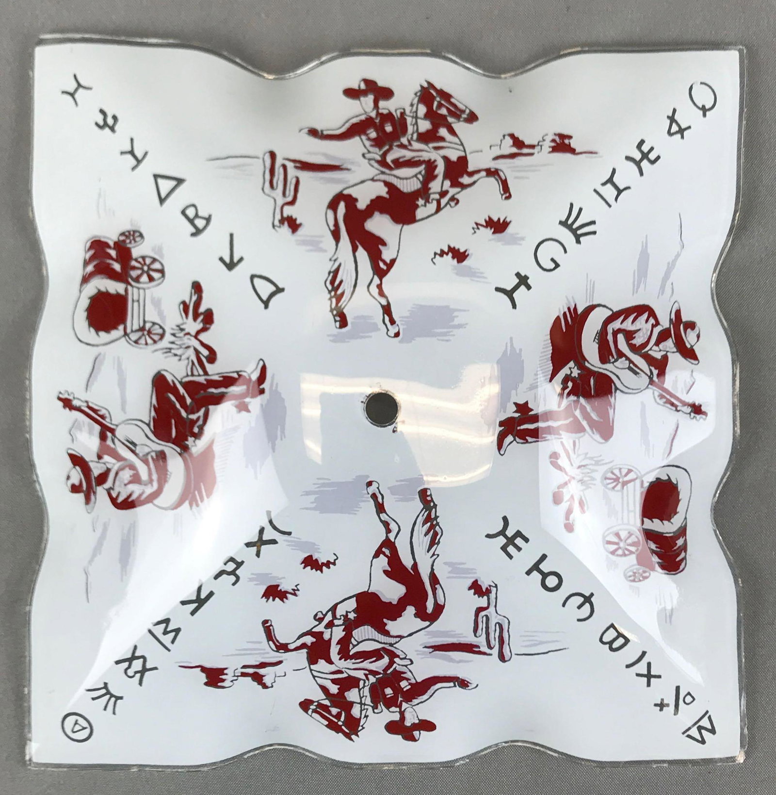 Vintage Cowboy Ceiling Light Glass Shade: 11 1/2 x 11 1/2 inches; some chips around edge of glass