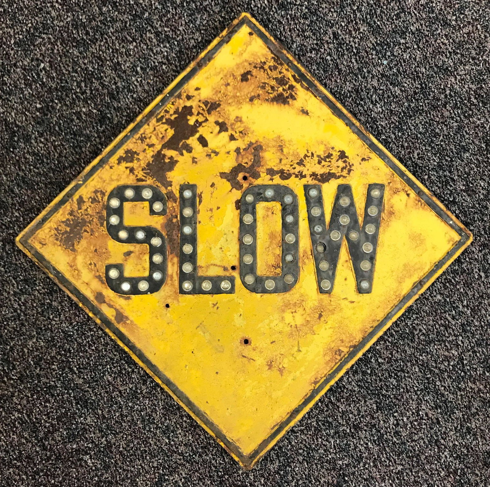 Vintage "SLOW" Road Sign w/ Reflectors: 33 1/2 x 33 1/2 inches; very heavy - rusted and chipped