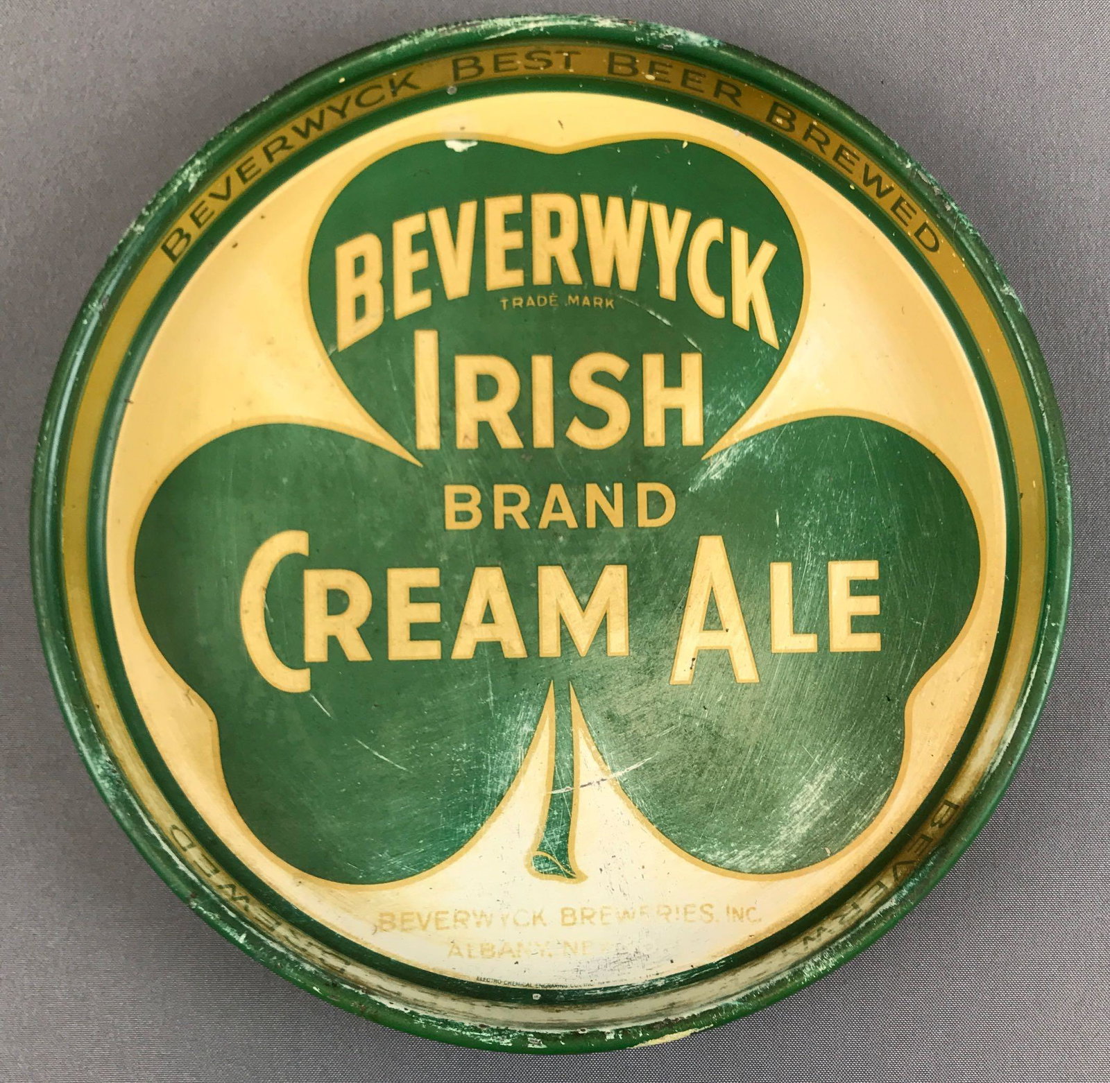 Vintage "Beverwyck Irish Cream Ale" Drink Tray: 11 3/4 inch diameter; some wear and scratches