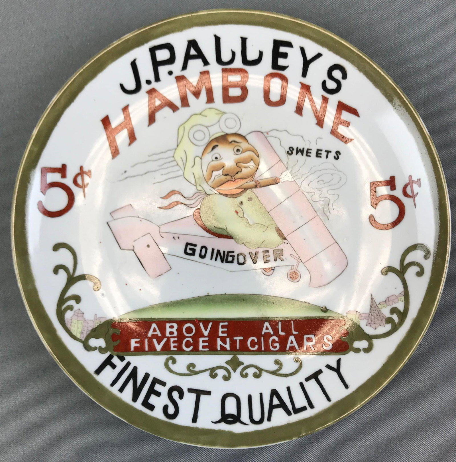 Vintage Hand Painted Plate - "J Palley Hambone Sweets": 10 1/4 inch diameter; Buffalo pottery plate