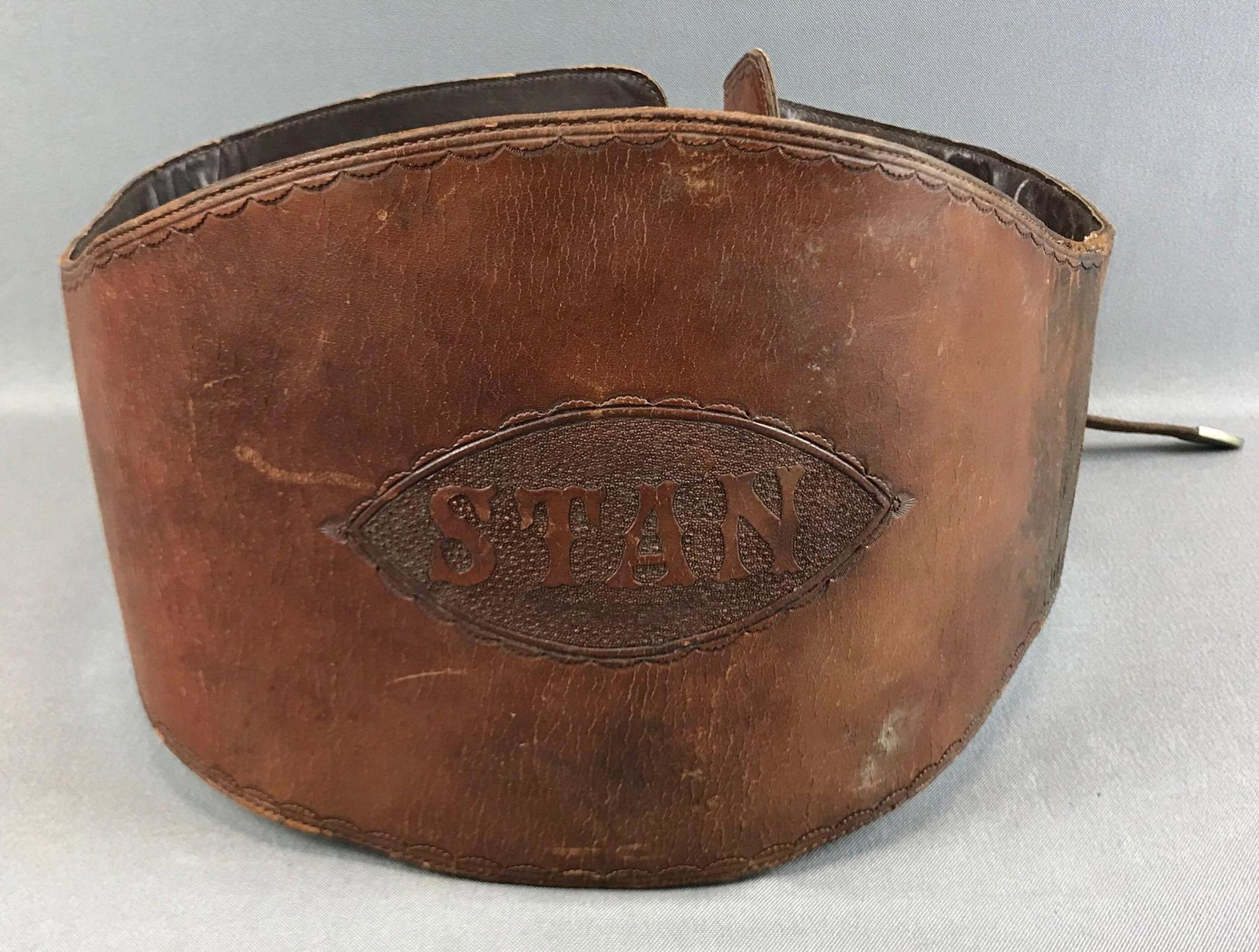 Vintage Leather Belt - Weightlifting/ Rodeo Cowboy: 39 inches long; handtooled"Stan" on front and decorative leather tooling on straps and edges w/ engraved silver buckles