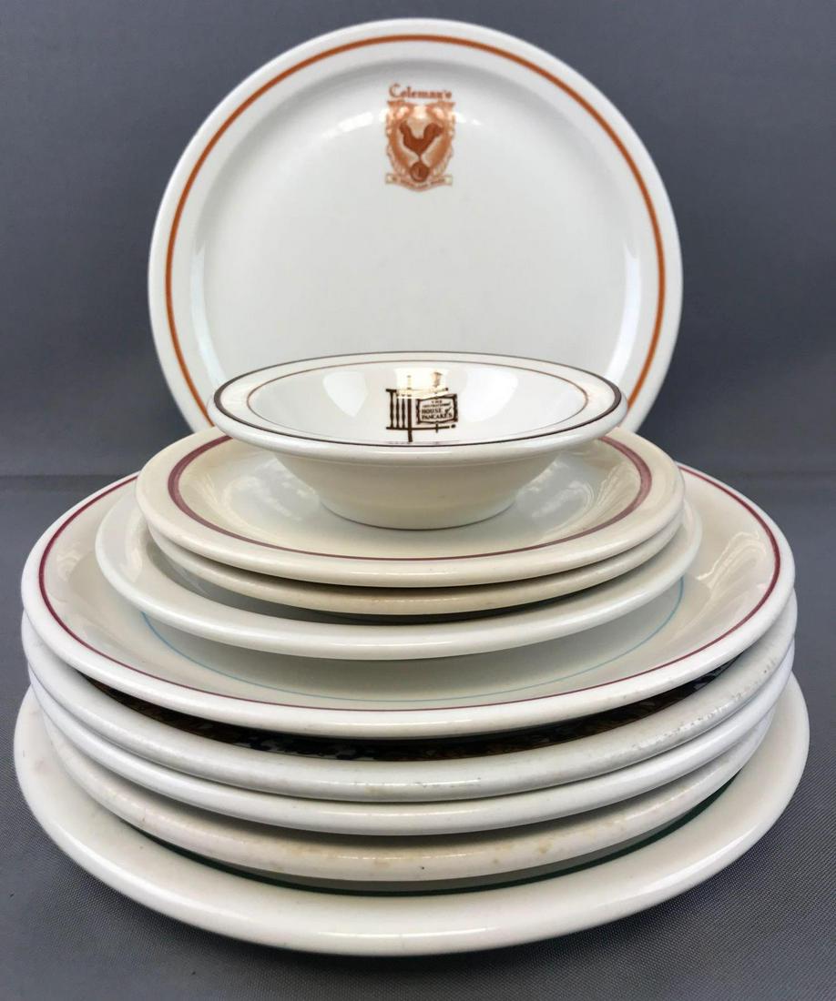 Group of 10 Pieces : Assorted Restaurant Ware: Largest plate measures 9 3/4 inches; small sauce dish 4 3/4 inches. International House of Pancakes, Colemans in Highland Park, Black Hills Cafe, The Brown Bottle, and more. Some scratches, imperfecti