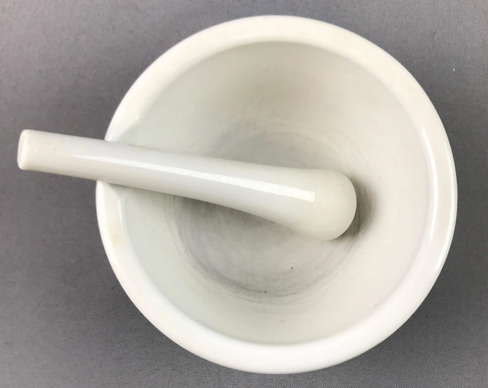Vintage Mortar and Pestle: 6 inch diameter; White pottery - some imperfections on base