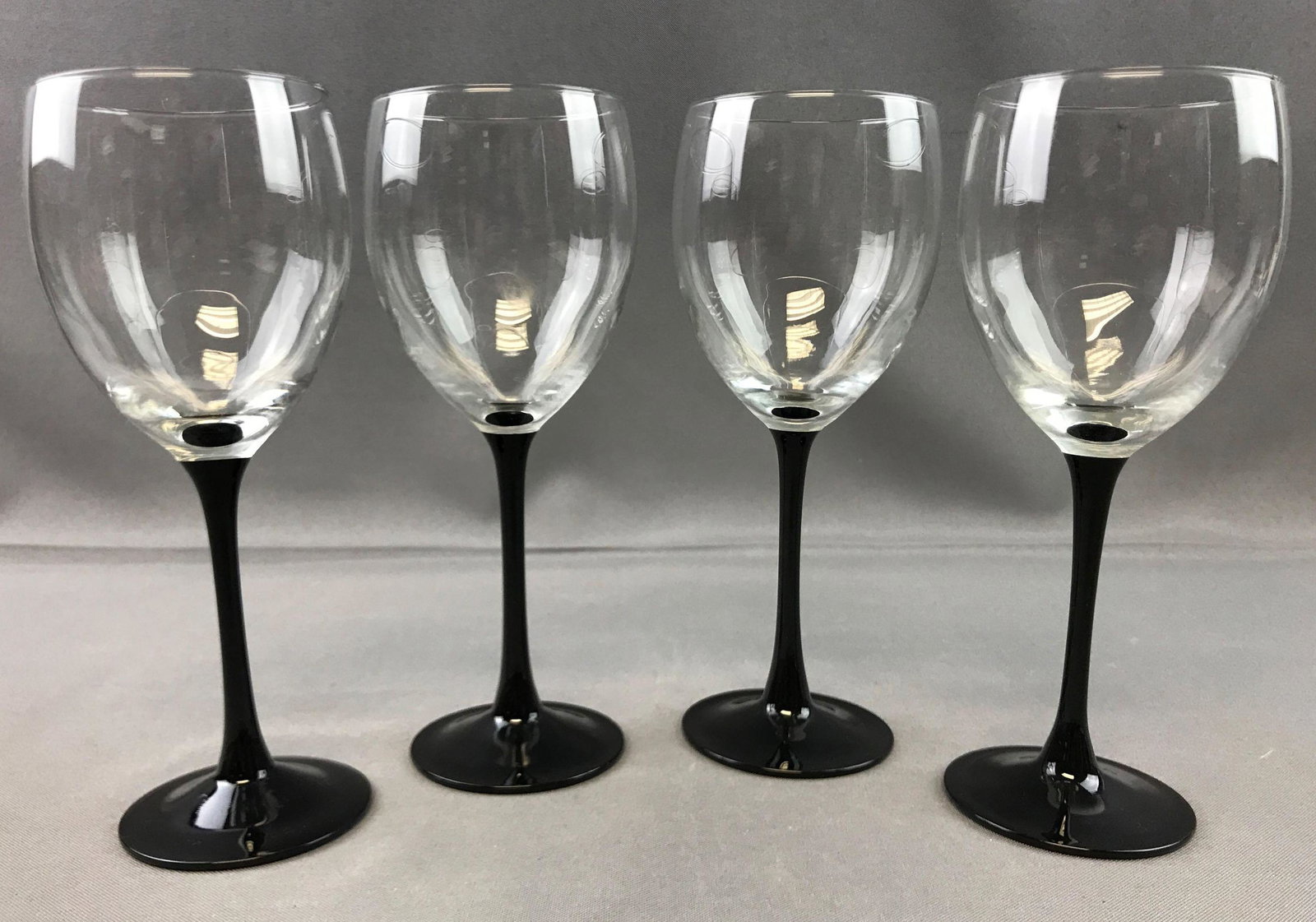 Group of 4 : Vintage Wine Glasses w/ Black Stems: 8 inches tall