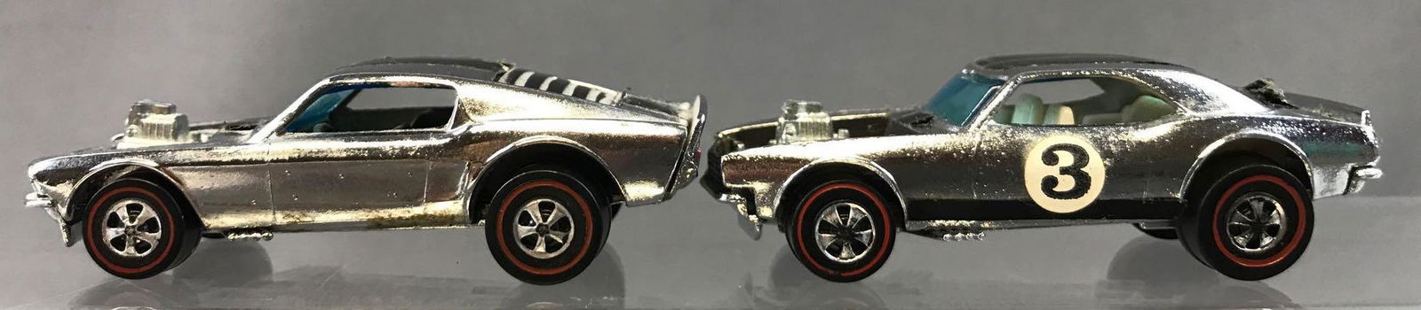 Group of 2 Hot Wheels Redlines Die-Cast Vehicles:: 1969, chrome bodies, blue/green windows, black stripe decals, No. 3 on Heavy Chevy