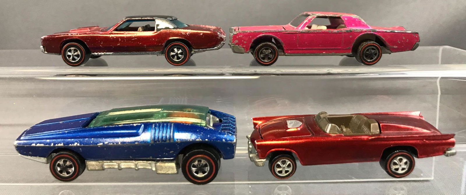 Group of 4 Hot Wheels Redlines Die-Cast Vehicles: 1967 Custom Eldorado, 1968 Classic 57 Bird, Custom Continental Mark III, 1969 Whip Creamer
