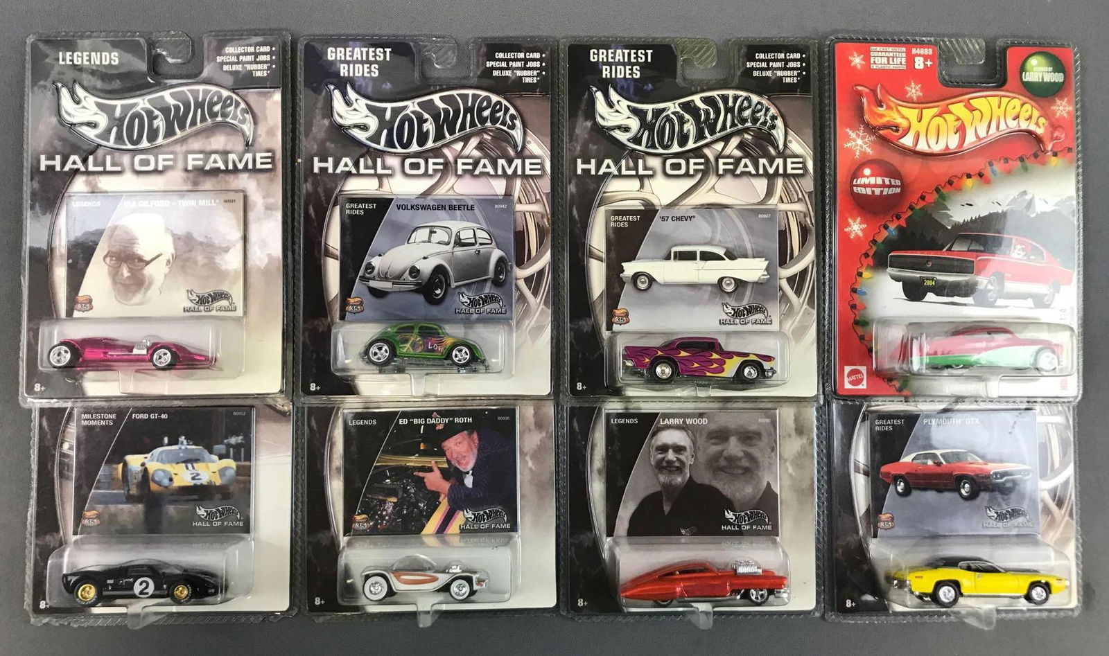 Group of 8 Hot Wheels Die-Cast Vehicles: New in original packaging. Hot Wheels Hall of Fame and Holiday Rods
