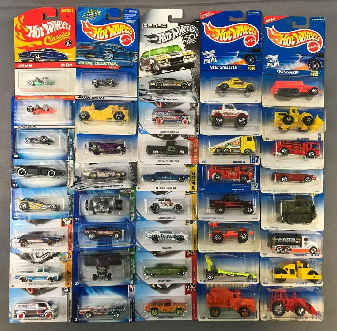 Group of 40 Hot Wheels Die-Cast Vehicles: New in original packaging. Checkmate, HW Art Cars, Super Chromes, My scale Mania, and more