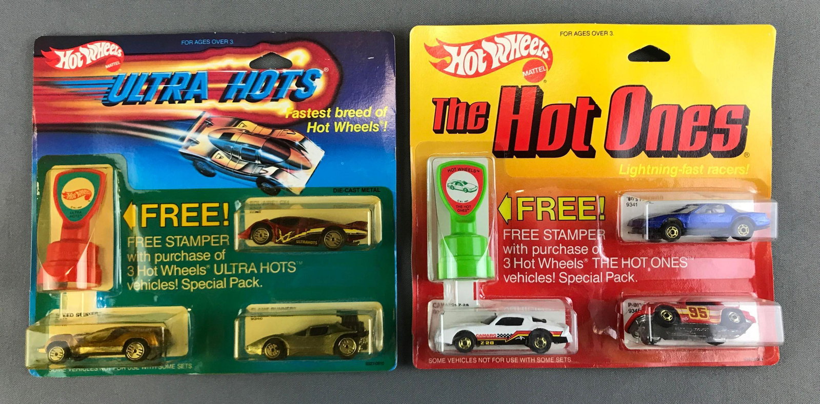 Vintage Hot Wheels sets new in original packaging: Ultra hots, the hot ones. Both feature 3 die cast vehicles and a stamper. Plastic is torn on one package. Both made in Malaysia, Mattel 1984