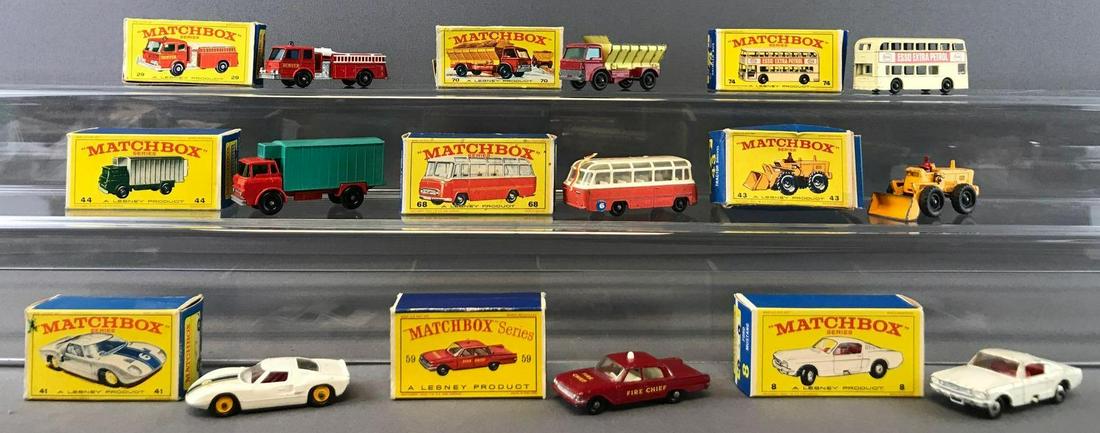 Group of 9 Matchbox Die-Cast Vehicles with Original: Includes No. 29 Fire Pumper Truck, No. 43 Tractor Shovel, No. 59 Fire Chiefs Car, and more. Some box damage. A Lesney Product. Made in England