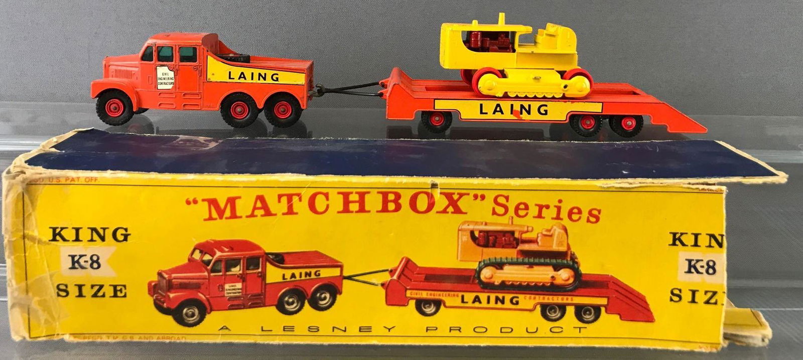 Matchbox King Size No. K-8 Scammell 6x6 Tractor,: Die-Cast Vehicles with Original Box. Orange body, blue/green windows, BPW, yellow/black Laing decals. Damage to box. A Lesney Product. Made in England