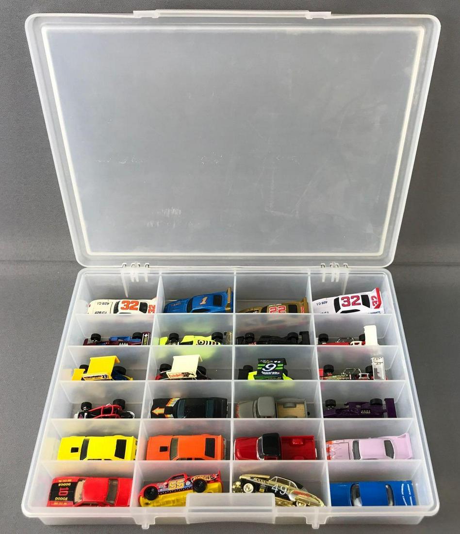 Plastic Storage Case and Contents-Assorted Die-Cast: Case measures 14x11x2.25 inches. Racing Champions, Hasbro, Hot Wheels